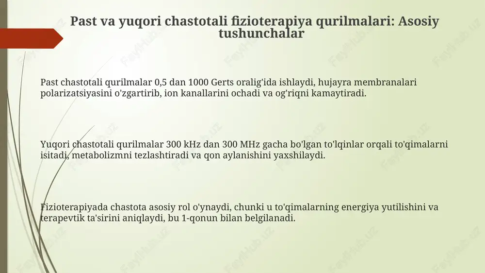 ilish, qurilma parametrlarini (chastota, intensivlik) 10-15 daqiqa davomida asta-sekin oshirish, kuyish xavfini kamaytirish uchun zarur. dozalash intensivlik, chastota, davomiylik (odatda 15-30 daqiqa), davolanish sonini (10-15 seans) o'z ichiga oladi. bemorning javobiga qarab, davolash rejimini moslashtiring va nojo'ya ta'sirlarni kuzatib boring. klinik samaradorlik, zamonaviy tendentsiyalar va istiqbollar klinik samaradorlik nuqtai nazaridan, past chastotali terapiya og'riqni kamaytirishda 60-70% hollarda ijobiy natijalarni ko'rsatadi, ayniqsa nevralgiya va artritda. zamonaviy tendentsiyalar impulsli elektromagnit maydonlardan foydalanishni o'z ichiga oladi, bu 8-12 gts chastotada hujayra regeneratsiyasini tezlashtiradi va yallig'lanishni kamaytiradi. kelajakda, yuqori chastotali terapiya individual dozalash uchun ai algoritmlari bilan integratsiya qilinishi mumkin, bu 90% aniqlik bilan davolash samaradorligini oshiradi. e'tiboringiz uchun rahmat image1.png