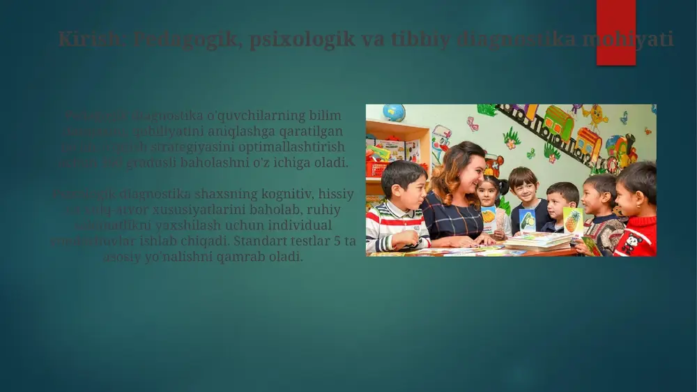 va zaif tomonlarini aniqlash, individual ta'lim dasturlarini ishlab chiqish va o'quv jarayonining samaradorligini 25-30% oshirishga yordam beradi. yosh davrlariga mos diagnostika: bolalar, o'smirlar va kattalar bolalar diagnostikasida 0-5 yosh orasida rivojlanishning asosiy bosqichlari (nutq, motorika) kuzatiladi, standartlashtirilgan testlar va ota-onalarning kuzatuvlari orqali baholanadi. o'smirlar diagnostikasi 13-19 yoshda shaxsiy xususiyatlar (qiziqishlar, qobiliyatlar) va psixologik muammolarni (depressiya, xavotir) aniqlash uchun anketa so'rovlari va intervyularni o'z ichiga oladi. differentsial diagnostika: xatoliklar va ularni bartaraf etish differentsial diagnostika xatosi, masalan, 'ankorlash' biasida, dastlabki noto'g'ri ma'lumotga haddan tashqari e'tibor berish orqali kelib chiqadi, buning yechimi - ko'p manbalardan ma'lumot yig'ish. qo'shimcha ma'lumot olish uchun laboratoriya testlari (masalan, qon tahlili, mri) va instrumental diagnostika (ekg) usullaridan foydalanish diagnostik xatoliklarni kamaytirishga yordam beradi. diagnostika natijalarini talqin qilish va diagnostik axloq diagnostika natijalarini talqin qilishda, 95% ishonch oralig'ida sezgirlik va spetsifiklik kabi o'lchovlarni baholash, noaniqlikni kamaytirish va asosli xulosalar chiqarish muhim. diagnostik axloq majburiyati bemorning avtonomiyasini hurmat qilishni, …