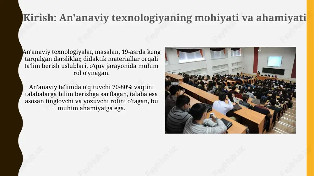 ar, asosan, o'qituvchining ma'ruzalarini tinglash va 70-80% hollarda ko'rsatmalarga rioya qilish orqali bilim oladi hamda kamdan-kam hollarda faol ishtirok etadi. talabalarning faolligi ko'pincha 20-30% ni tashkil etadi, ular savollarga javob berish, amaliy mashqlarni bajarish yoki 1-2 ta guruh ishi kabi vazifalarda qatnashadi. baholash usullari: an'anaviy va zamonaviy yondashuvlar an'anaviy baholashda ko'proq og'zaki imtihonlar va yozma ishlar qo'llanilgan. bu usullar talabaning faktlarni 100% eslab qolish qobiliyatini tekshirishga qaratilgan, testlardan ko'ra chuqurroq bilimni talab qilgan. zamonaviy baholashda esa portfoliolar, loyihalar va testlar keng qo'llaniladi. bu usullar talabaning 80% bilimlarni amalda qo'llay olish qobiliyatini rivojlantirib, 21-asr ko'nikmalarini baholashga moslashgan. amaliy misollar va case studies: an'anaviy texnologiyalarning samaradorligi “ustoz-shogird” tizimi, hunarmandchilikda 80% muvaffaqiyatga erishadi, shogirdlar o'z ishlarini 3-5 yil ichida ustoz darajasiga yetkazishadi, an'anaviy uslub samaradorligini ko'rsatadi. o'zbek xalq og'zaki ijodi – dostonlar va ertaklar orqali axloqiy normalar 90% bolalarda shakllantirilgan, didaktik materiallar sifatida 10 asrdan beri qo'llaniladi. o'zbek ta'lim tizimidagi o'rni va kelajak …