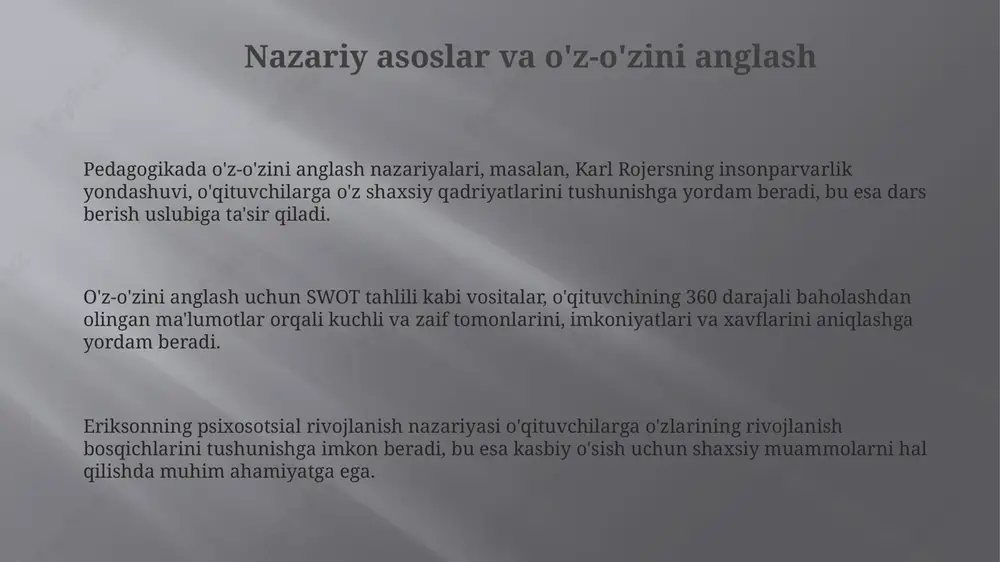 i o'z ichiga oladi. tajriba almashish - bu kamida 3 nafar hamkasb bilan o'z tajribalarini muhokama qilish, yangi g'oyalar olish, muammolarni hal qilish usullarini o'rganish va professional rivojlanish uchun networking imkoniyatlarini yaratishdir. doimiy takomillashtirish - bu har chorakda kamida 2 ta yangi ko'nikmani o'rganish, professional adabiyotlarni mutolaa qilish, treninglarda qatnashish va o'z kasbiy faoliyatiga yangi texnologiyalarni joriy etish orqali amalga oshiriladi. e'tiboringiz uchun rahmat image2.png
