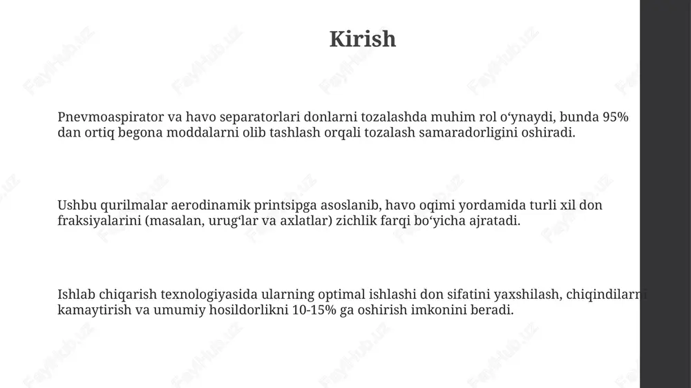 arishda pnevmoaspirator va havo separatorlarining qo'llanilishi pnevmoaspiratorlar ishlab chiqarishda 95% gacha chang va mayda zarralarni ajratish uchun ishlatiladi, bu esa mahsulot sifati va xavfsizligini oshiradi. havo separatorlari don mahsulotlarini tozalashda 98% gacha samaradorlikka erishishi mumkin, bunda turli zichlikdagi aralashmalar aerodinamik kuchlar yordamida ajratiladi. ushbu uskunalarning samaradorligi havo oqimi tezligi (2-5 m/s) va separator dizayniga bog'liq bo'lib, ishlab chiqarish unumdorligini sezilarli darajada oshiradi. pnevmoaspiratorning samaradorligini baholash usullari aerodinamik analiz usullari orqali havo oqimining tezligi (m/s) va bosim taqsimoti (pa) o'rganiladi; bu zarralarning ajralish sifatini optimallashtirish uchun kerak. pnevmoaspiratorning samaradorligini baholashda ajratilgan aralashmaning og'irlik foizi (masalan, 95% tozalik) va o'tkazish qobiliyati (tonna/soat) kabi ko'rsatkichlar muhim ahamiyatga ega. tozalash samaradorligi formulasi – ajratilgan foydali mahsulot miqdori (kg) / umumiy kiruvchi mahsulot miqdori (kg) * 100% – pnevmoaspiratorning ishlash ko'rsatkichini aniqlaydi. havo separatorining samaradorligini baholash usullari separator samaradorligi tozalash darajasi orqali baholanadi. u formula orqali hisoblanadi: e = (mkiruvchi – mchiqayotgan) / mkiruvchi * …