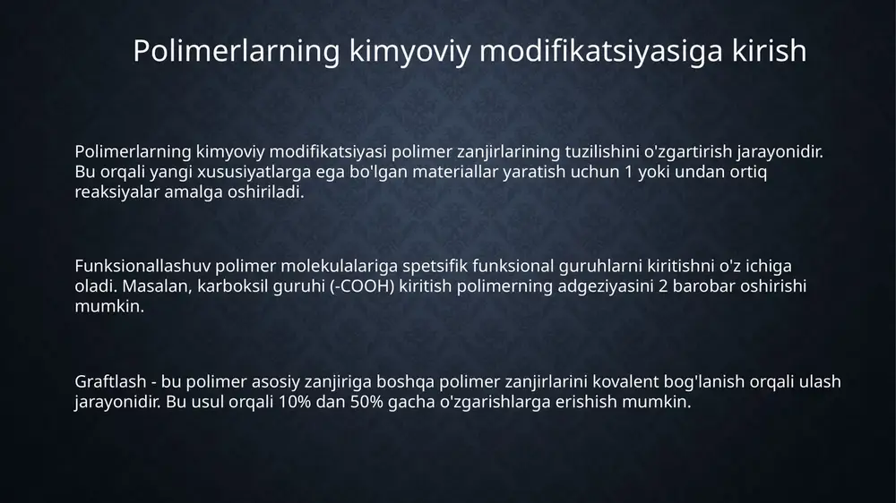 afzalligi - bu 3-5 xil monomer xususiyatlarini birlashtirishi, kamchiligi esa reaksiyalarni boshqarish qiyinligi va 10-15% gacha defekt hosil bo'lishi. yangi tendentsiyalar va istiqbollar polimerlarning kimyoviy modifikatsiyasi sohasida yangi tendentsiyalardan biri bu qayta ishlanadigan tarmoqli polimerlarni (reprocessable vitrimers) ishlab chiqish, ularning mexanik mustahkamligi 70 mpa dan yuqori bo'lgan yangi imkoniyatlarni yaratadi. 3d bosma uchun polimerlarning kimyoviy modifikatsiyasi istiqbolli yo'nalish bo'lib, bu jarayonda foto-kimyoviy modifikatsiya orqali aniqligi 20 mikrometrgacha bo'lgan murakkab tuzilmalarni yaratish mumkin. kelajakda, bio-asosli polimerlarning kimyoviy modifikatsiyasi muhim ahamiyatga ega bo'ladi, bunda fermentativ kataliz yordamida funktsionallik darajasi 95% gacha bo'lgan yangi materiallar yaratiladi. e'tiboringiz uchun rahmat slide 1 slide 2 slide 3 slide 4 slide 5 slide 6 slide 7 slide 8 slide 9 slide 10
