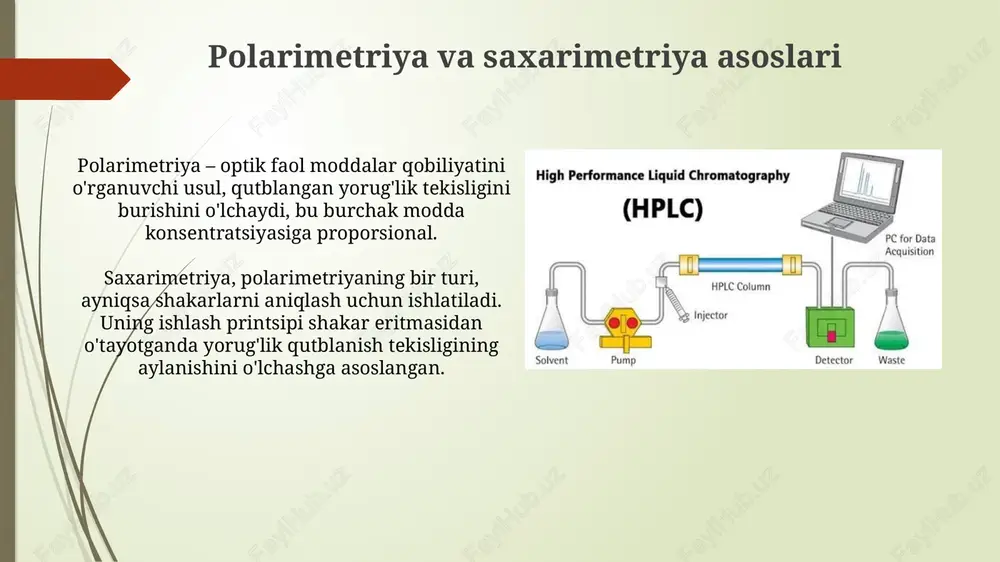izig'idan foydalanib, noma'lum namunaning optik aylanish burchagi asosida konsentratsiyani aniqlash mumkin, bunda kamida 3 ta standart eritma ishlatiladi. biologik suyuqliklarda (siydik, qon, sarum va boshqalar) qo'llanilishi siydikda qand miqdori polarimetriya orqali aniqlanishi mumkin, bu 0.1% dan yuqori glyukozani aniqlash uchun foydalidir, ammo siydikdagi boshqa optik faol moddalar natijaga ta'sir qilishi mumkin. qon sarumidagi glyukoza konsentratsiyasini aniqlash uchun polarimetrik usul qo'llanilishi mumkin, lekin oqsil va lipidlar kabi interferentsiyalarni minimallashtirish uchun namunani oldindan tozalash zarur. afzalliklari, cheklovlari va boshqa usullar bilan solishtirish polarimetriya nisbatan arzon va oddiy usul bo'lib, minimal namunaviy tayyorgarlikni talab qiladi, lekin u har doim ham aniq konsentratsiyani aniqlay olmaydi, ayniqsa, optik faol bo'lmagan moddalar bo'lsa. boshqa usullar, masalan, hplc, yuqori aniqlikka ega, ammo qimmatroq jihozlar va ko'proq vaqt talab qiladi. polarimetriya 0,1% gacha bo'lgan aniqlikda tezkor skrinning uchun yaxshi tanlovdir. xavfsizlik qoidalari va amaliy maslahatlar polarimetr lampalarining uv nurlanishidan himoyalanish uchun 1 toifali ko'zoynaklardan foydalaning. voltaj 220v bo'lgan …