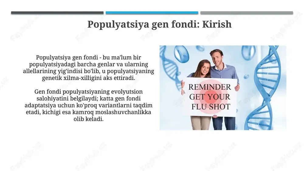ga erishish mumkinligini ko'rsatdi. amaliy ahamiyati (tibiyot, qishloq xo'jaligi) genetik kasalliklarni aniqlashda populyatsiya gen fondi ma'lumotlaridan foydalanish erta tashxis qo'yish va genetik maslahat berish imkonini beradi, masalan, 1:2500 nisbatda uchraydigan kistik fibroz. qishloq xo'jaligida duragaylash va tanlash usullari orqali genetik xilma-xillikdan foydalanib, hosildorlikni oshirish va kasalliklarga chidamli yangi navlar yaratish, masalan, 20% hosildorlikni oshirish. muhofaza qilish biologiyasi muhofaza qilish biologiyasi 1980-yillarda biologik xilma-xillikni saqlash uchun tadqiqotlar va harakatlarni birlashtirgan fan sifatida paydo bo'ldi. iucn qizil ro'yxati global miqyosda yo'qolib ketish xavfi ostida turgan turlarning sonini aniqlashga yordam beradi va muhofaza choralarini ishlab chiqishda muhimdir. populyatsiya genetikasi va evolyutsiya genetik drift, ayniqsa kichik populyatsiyalarda, tasodifiy hodisalar tufayli allel chastotalarining o'zgarishiga olib kelishi mumkin, bu esa 100 avloddan so'ng gen xilma-xilligini kamaytiradi. gen oqimi, ya'ni populyatsiyalar o'rtasida genetik material almashinuvi, yangi allellarni kiritishi mumkin va populyatsiyalar o'rtasida 0 dan 1 gacha bo'lgan genetik farqlarni kamaytiradi. omillar muvozanatni buzuvchi mutatsiyalar genlar chastotasini tasodifiy …