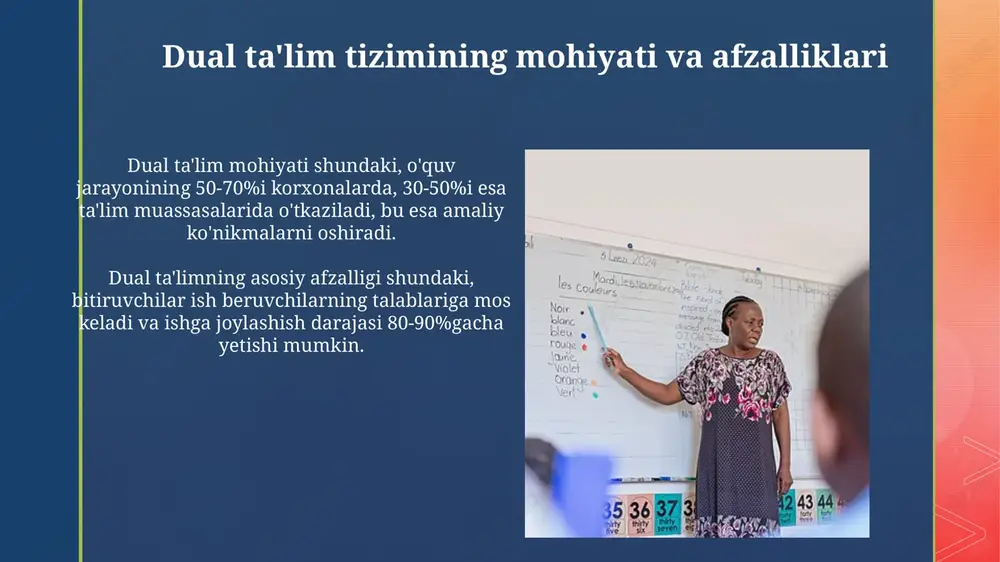 sh uchun model bo'lishi mumkin. shveytsariyaning dual ta’lim tizimi sifat kafolati va baholash tizimiga e’tibor qaratadi, bu o‘zbekistonda o‘quv dasturlari va natijalarni baholashda muhim ahamiyatga ega. kutilayotgan natijalar va risklar kutilayotgan natijalardan biri – 20% ga bitiruvchilarning ish bilan ta'minlanish darajasini oshirish, lekin risk shundaki, ish beruvchilarning etarli darajada jalb etilmasligi mumkin. dual ta'lim talabalarning amaliy ko'nikmalarini 30% ga oshirishi kutilmoqda, ammo sifatli o'quv materiallari yetishmasligi bu jarayonni xavf ostiga qo'yishi mumkin. dual ta'limni rivojlantirish istiqbollari dual ta'limning rivojlanish istiqbollari 2030- yilgacha bo'lgan davrda zamonaviy kasblar uchun ko'proq o'quvchilarni qamrab olishni va 75% ish bilan ta'minlashni maqsad qiladi. kichik va o'rta biznesning dual ta'limdagi ishtirokini kengaytirish, shuningdek, it sohasidagi kabi yuqori texnologik yo'nalishlarda 50 dan ortiq yangi dasturlarni ishga tushirish rejalashtirilgan. e'tiboringiz uchun rahmat slide 1 slide 2 slide 3 slide 4 slide 5 slide 6 slide 7 slide 8 slide 9 slide 10 slide 11 slide 12 slide 13 …