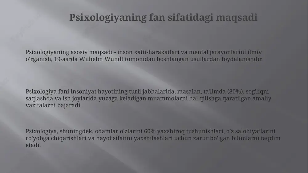 va til kabi jarayonlarga e'tibor qaratadi. ushbu yondashuv kompyuter modellari va eksperimentlardan foydalanadi. nevrologik yondashuv miya faoliyati va ong o'rtasidagi bog'liqlikni o'rganadi. masalan, fmri texnologiyasi yordamida ong holatlarini aks ettiruvchi neyronal korrelatlar aniqlanadi. fenomenologik psixologiya ongni subyektiv tajriba sifatida o'rganadi. bu yondashuv insonning ichki dunyosini, hissiyotlarini va shaxsiy ma'nolarini tushunishga qaratilgan. e'tiboringiz uchun rahmat slide 1 slide 2 slide 3 slide 4 slide 5 slide 6 slide 7 slide 8 slide 9 slide 10