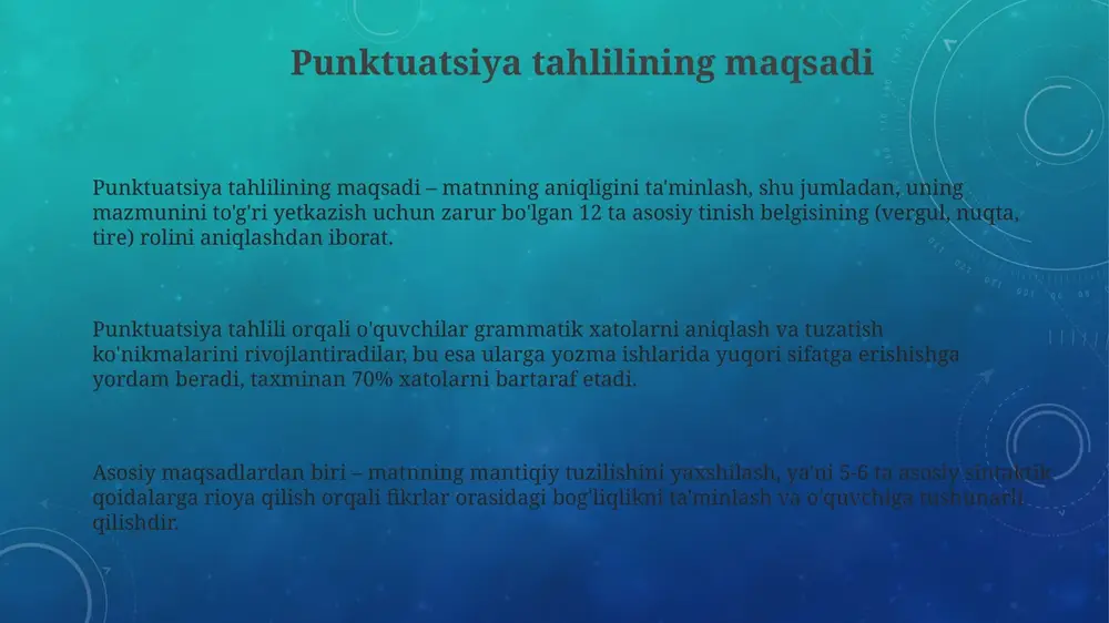 "hozirgi o'zbek adabiy tili" (2 jildlik) grammatika va sintaksisga oid 500 betdan ortiq ma'lumotni beradi, jumladan tinish belgilarining gap tuzilishidagi 25 ta asosiy vazifasi. z. ma'rufovning "o'zbek tili punktuatsiyasi" (1996) kitobi 30 dan ortiq bobda tinish belgilarining qo'llanish qoidalarini misollar bilan tushuntiradi va 100 ga yaqin amaliy mashqlarni o'z ichiga oladi. e'tiboringiz uchun rahmat slide 1 slide 2 slide 3 slide 4 slide 5 slide 6 slide 7 slide 8 slide 9 slide 10
