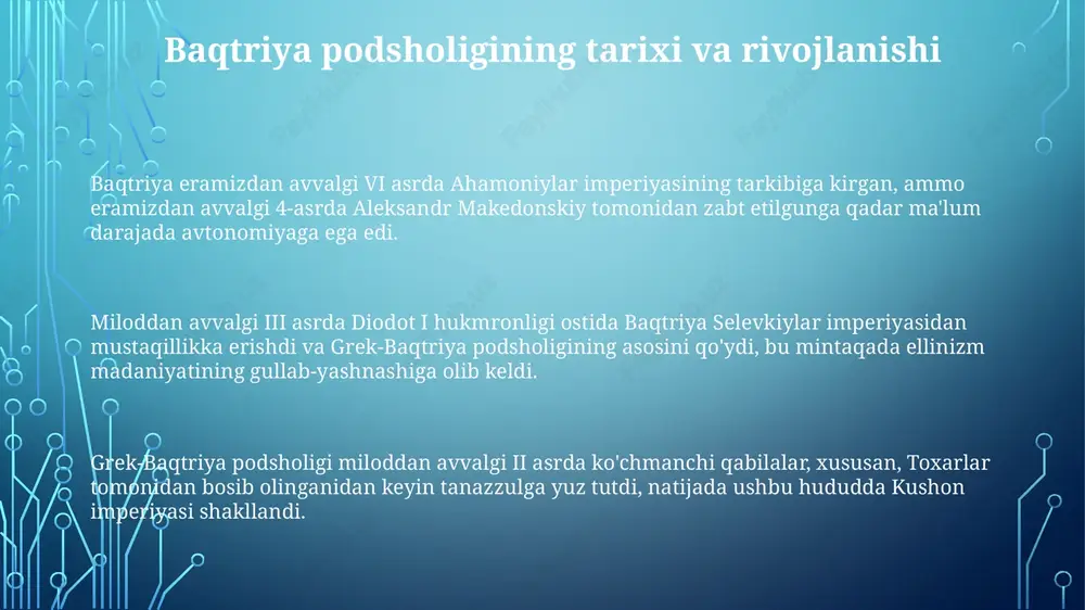 ddan avvalgi ii asrda ko'chmanchi qabilalar, xususan, sak va yuechjilarning doimiy hujumlari baqtriya shohligining harbiy qudratini zaiflashtirdi va tanazzulga uchrashiga olib keldi. o'rta osiyodagi ayxonum arxeologik joyi baqtriya- yunon san'ati va me'morchiligining noyob namunalarini ochib berdi, shu jumladan ibodatxonalar, saroylar va o'yin zallari. baqtriya buddist san'atining gandxara uslubiga ta'siri buddist ikonografiyasi va san'atida sezilarli iz qoldirdi hamda mazkur mintaqaning boy madaniy merosini namoyon etdi. e'tiboringiz uchun rahmat slide 1 slide 2 slide 3 slide 4 slide 5 slide 6 slide 7 slide 8 slide 9 slide 10