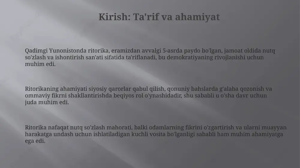iy ahamiyati shundaki, u jamoatchilik bilan aloqalar, marketing va media kabi sohalarda 3 asosiy element: etos, pathos va logos orqali ishonchni yaratish va odamlarni ishontirishda qo'llaniladi. zamonaviy ritorika xxi asrda hamon ahamiyatli, chunki u 5 ta asosiy kanonni, jumladan, ixtiro, tartibga solish, uslub, xotira va yetkazib berishni tushunish orqali samarali kommunikatsiyani ta'minlaydi. e'tiboringiz uchun rahmat slide 1 slide 2 slide 3 slide 4 slide 5 slide 6 slide 7 slide 8 slide 9 slide 10