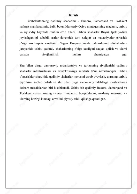 iligi o'rta osiyoda o'ziga xos uslubni yaratgan. amir temur davrida shaharda ulkan qurilish ishlari olib borilgan. registon maydoni shaharning yuragi bo'lib, ulug'bek madrasasi (1417-1420), tillakori madrasasi (1646-1660) va sherdor madrasasi (1619-1636) kabi me'moriy durdonalarni o'z ichiga oladi. ulug'bek madrasasi o'sha davrning ilmiy markazi bo'lgan va unda astronomiya, matematika kabi fanlar o'qitilgan. sherdor madrasasi va tillakori madrasalari o'zining naqshlari, bezaklari bilan ajralib turadi va islom me'morchiligining yorqin namunasidir. shuningdek, amir temur maqbarasi (go'ri amir) shaharning muhim ziyoratgohlaridan biri hisoblanadi. maqbara o'zining gumbazi, naqshlari bilan ajralib turadi. bibi xonim masjidi ham amir temur davrida qurilgan ulkan masjid bo'lib, o'sha davrning qudratini namoyon etadi. afsuski, zilzila natijasida masjidning bir qismi vayron bo'lgan, ammo uning qoldiqlari ham o'zining ulug'vorligini saqlab qolgan. shahri zinda majmuasi ham o'zining go'zal maqbaralari bilan mashhur bo'lib, unda amir temurning qarindoshlari va diniy arboblar dafn etilgan. ⚖️ qadimgi shaharlar buxoro, samarqand va toshkent buxoro, samarqand va toshkentning qiyosiy tahlili item …