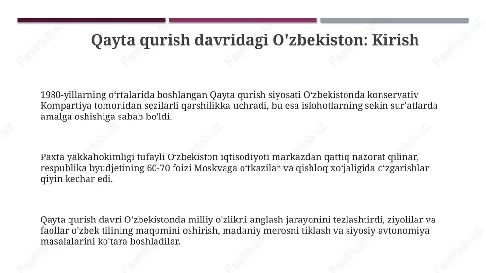 publika iqtisodiyoti qaramlikda davom etdi. siyosiy erkinlashuvga urinishlar 1989-yilda "birlik" xalq harakati o'zbekistonda siyosiy erkinlikni kengaytirishga qaratilgan birinchi ochiq norozilik namoyishlarini tashkil etdi. o'zbekiston kompartiyasi doirasida gorbachyovning "ochiqlik" siyosati ta'siri ostida 1980-yillarning oxirida munozaralar kuchaydi. 1990-yilda o'zbekiston ssr oliy kengashi prezidentlik lavozimini ta'sis etdi, bu siyosiy hokimiyatni bir shaxs qo'lida jamlashga qaratilgan edi. paxta yakkahokimligi: o'zbekiston iqtisodining asosi paxta ishlab chiqarish rejalarini bajarish uchun respublika rahbarlari paxta maydonlarini kengaytirishga majbur bo'ldi, bu esa 80% ga yetdi va resurslarning noto'g'ri taqsimlanishiga olib keldi. paxta yakkahokimligi oʻzbekiston iqtisodiyotining asosi boʻlib, 1930-yillardan boshlab respublikaning asosiy eksport mahsuloti sifatida shakllandi va bu qishloq xoʻjaligini qattiq nazorat ostiga oldi. sssr davrida o'zbekistonning paxta ishlab chiqarishdagi hissasi 60-70% ni tashkil etgan bo'lib, bu respublikani markazga iqtisodiy jihatdan qaram qilib qo'ydi va narxlarni manipulyatsiya qilish imkonini berdi. korruptsiya avj olishi: paxta tizimidagi suiiste'mollar paxta rejasini bajarish uchun poraxo'rlik keng tarqaldi. hokimlar har yili o'z rejalashtirilgan maqsadlariga erishish …