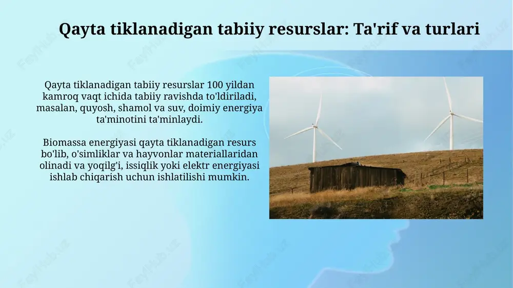 inlarini yaratishi mumkin. ekologik afzalliklari qayta tiklanadigan energiya manbalari ifloslantiruvchi moddalarni kamaytirish orqali havo sifatini yaxshilaydi; ko'mir yoqilg'isiz ishlaydigan shamol turbinalari azot oksidi va oltingugurt dioksidi emissiyasini 90% gacha kamaytiradi. qayta tiklanadigan resurslar suv resurslarini himoya qiladi; gidroenergetika suv sarfini boshqarish orqali suv tanqisligini kamaytiradi, quyosh energiyasi esa suvdan foydalanishni minimallashtirib, 40% gacha suvni tejaydi. qiyinchiliklar va yechimlar qayta tiklanadigan energiya manbalarining uzluksizligini ta'minlash qiyin, chunki quyosh va shamol kabi manbalar ob-havo sharoitiga bog'liq, bu esa 24/7 elektr ta'minotini qiyinlashtiradi. yechim esa energiya saqlash texnologiyalarini rivojlantirishdir. qayta tiklanadigan energiya loyihalarining dastlabki xarajatlari yuqori bo'lishi mumkin, masalan, quyosh panellari va shamol turbinalari. davlat subsidiyalari va investitsiyalarni jalb qilish orqali bu xarajatlar kamaytirilishi mumkin. kelajak istiqbollari 2050-yilga kelib, qayta tiklanadigan energiya manbalari global energiya aralashmasining kamida 85 foizini tashkil etishi kutilmoqda, bu esa issiqxona gazlari emissiyasini keskin kamaytiradi. intellektual tarmoqlar va energiya saqlash texnologiyalarining rivojlanishi qayta tiklanadigan manbalardan energiyani uzluksiz va ishonchli …