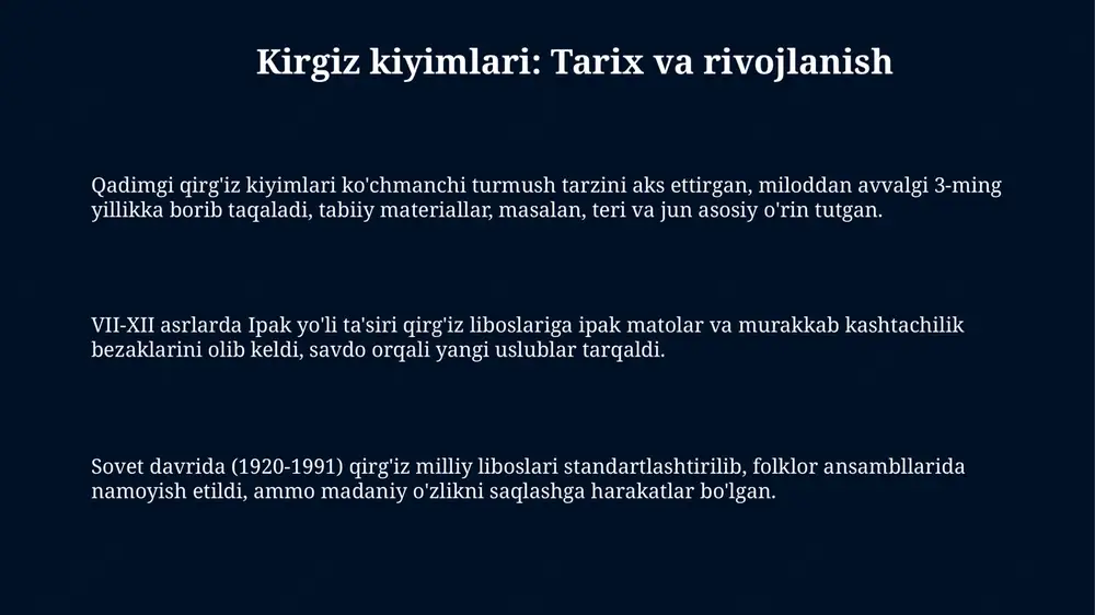 ko'ylaklar va kurtkalarga integratsiya qilmoqdalar. an'anaviy do'ppi qalpoqning zamonaviy versiyalari ishlab chiqilmoqda, 70% do'ppi elementlarini saqlab qolgan holda, ularni turli ranglar va materiallar bilan moda aksessuarlariga aylantirilmoqda. global moda tendentsiyalari ta'sirida, ba'zi dizaynerlar milliy naqshlarni va kashtachilik usullarini 30%gacha qisqartirib, minimalistik uslubdagi, lekin madaniy jihatdan boy liboslarni yaratmoqdalar. saqlash va tiklash yirtilgan yoki shikastlangan joylarni tiklashda asl materiallar va tikuv texnikalaridan foydalanish, ranglarni moslashtirish va ortiqcha ishlov berishdan saqlanish lozim, aks holda tuzatib bo'lmas holga kelishi mumkin. qadimiy kiyimlarni saqlashda ularni toʻgʻridan- toʻgʻri quyosh nurlaridan himoyalash, haroratni 18-22 daraja selsiyda va namlikni 45- 55 foizda ushlab turish muhimdir. an'anaviy kiyimlarni uzoq muddat saqlash uchun ularni paxta yoki zig'irdan qilingan qoplarga solib, naftalin o'rniga tabiiy xushbo'y o'tlardan (masalan, lavanda) foydalanish maqsadga muvofiqdir. madaniy ahamiyat qirg'iz liboslari, ayniqsa, oilaviy holatni aks ettiradi: ayolning bosh kiyimi, masalan, uning turmush qurgan yoki bevaligini bildiradi, bu orqali jamiyatga 10 dan ortiq turli xil ma'lumotlar yetkaziladi. …