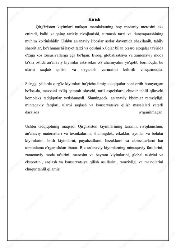 viy holatni ko'rsatadi. ayollar kiyimlarida kashtachilik, applikatsiya va turli xil zargarlik buyumlari keng qo'llaniladi. bu bezaklar nafaqat estetik ahamiyatga ega, balki himoya va omad keltiruvchi ramziy ma'nolarni ham anglatadi. ⚖️ qirg'iziston kiyimlari: taqqoslash qirg'izistonning an'anaviy kiyimlari va ularning xususiyatlari item material naqshlar jinsi maqsadi erkaklar choponi teri, jun geometrik erkaklar kundalik, bayram ayollar ko'ylagi (koynok) paxta, ipak o'simliklar ayollar kundalik kalpak (bosh kiyim) fetr ramziy ikkala muhim beldemchi jun, mato rang-barang ayollar to'y, bayram qirg'iz kiyimida materiallar: jun, teri va boshqa tabiiy xomashyolar qirg'iz kiyimida materiallar tanlashda tabiiy xomashyolar asosiy rol o'ynaydi. jun, teri, mo'yna va paxta eng keng tarqalgan materiallardir. jun sovuq iqlim sharoitida issiqlikni saqlash xususiyatiga ega bo'lganligi sababli, ayniqsa qimmatli hisoblanadi. qirg'izlar qo'ylarni yetishtirish bilan shug'ullanganligi sababli, jun doimo mavjud bo'lgan. junning sifati va turi kiyimning maqsadiga qarab farq qiladi. masalan, nozik jun kiyim uchun, dag'al jun esa gilamlar va boshqa ro'zg'or buyumlari uchun ishlatiladi. teri va …