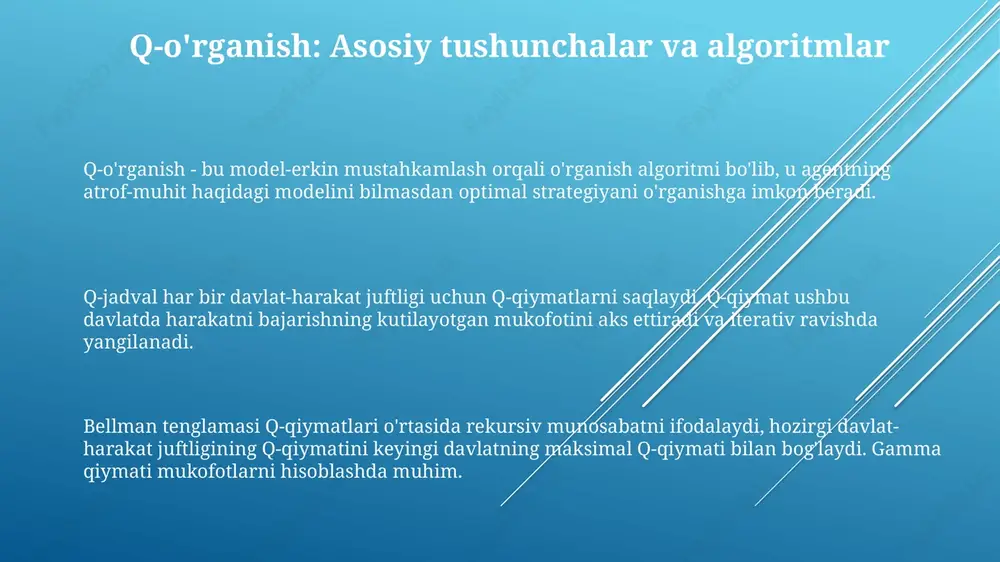 ni bartaraf etadi. muqobil algoritmlar, masalan, sarsa, politsiya bo'yicha o'rganishdan foydalanadi, dqn esa off-politsiya o'rganishidan foydalanadi, bu unga turli xil xatti-harakat siyosatlaridan ma'lumot olish imkonini beradi. e'tiboringiz uchun rahmat slide 1 slide 2 slide 3 slide 4 slide 5 slide 6 slide 7 slide 8 slide 9