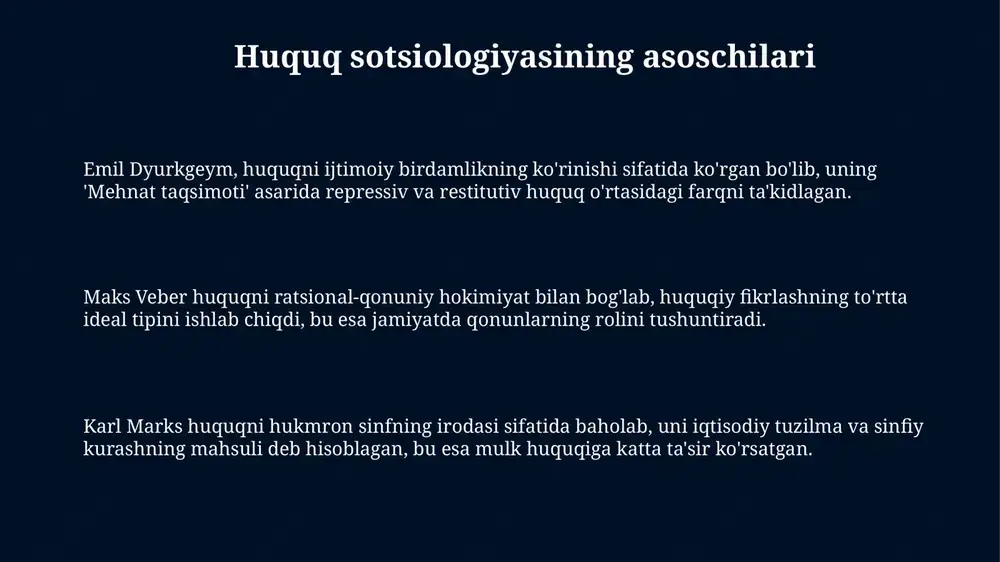 lgan) farqli ravishda, har bir shaxsda mavjud bo'lgan shaxsiy, emotsional huquqiy tajribalarga asoslanadi. uning nazariyasiga ko'ra, huquqiy xulq-atvor faqat qonunlar bilan emas, balki individual emotsiyalar va majburiyat hissiyotlari bilan ham belgilanadi, bu esa 2 asosiy kuchdir. petrażycki huquqni 'imperativ-atributiv' emotsional tajriba sifatida ta'riflaydi, bu yerda imperativ element majburiyatni, atributiv element esa boshqa shaxsning huquqini anglatadi. nazariya va metodologiya: huquq sotsiologiyasining asosiy yondashuvlari interpretativ sotsiologiya, veber tomonidan ilgari surilgan, ijtimoiy harakatni tushunish uchun aktyorlarning ma'nolarini va motivlarini tahlil qilishga e'tibor qaratadi. huquq sotsiologiyasida positivistik yondashuv, ayniqsa dyurkgeymning ishlarida, ijtimoiy faktlarni obyektiv o'rganishni ta'kidlaydi va statistik usullardan foydalanadi. marksistik yondashuv huquqni sinfiy kurash vositasi sifatida ko'radi, unda dominant sinf o'z manfaatlarini himoya qilish uchun huquqiy normalardan foydalanadi. asosiy tushunchalar: huquqiy norma, ijtimoiy nazorat, institut huquqiy norma - bu jamiyatda tartibni saqlash uchun zarur bo'lgan, davlat tomonidan qo'llab-quvvatlanadigan va buzganlar uchun sanktsiyalar belgilaydigan qoidalar majmuasi. ijtimoiy nazorat - bu jamiyatda xatti-harakatlarni tartibga soluvchi …