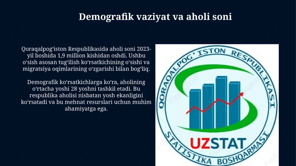 uzarliklarni erta aniqlash va ijtimoiy reabilitatsiya dasturlari muhim ahamiyat kasb etadi. uy-joy kommunal xo'jaligi va atrof-muhit muhofazasi qoraqalpog‘iston respublikasida uy-joy fondining 85% dan ortig‘i xususiylashtirilgan bo‘lib, bu aholining uy-joyga bo‘lgan mulkchilik huquqini mustahkamlashga qaratilgan davlat siyosatini aks ettiradi. atrof-muhitni muhofaza qilish sohasida 2023- yilda chiqindilarni qayta ishlash darajasi 15% ni tashkil etdi, bu ko‘rsatkich barqaror rivojlanish maqsadlariga erishish yo‘lida muhim qadamdir. e'tiboringiz uchun rahmat slide 1 slide 2 slide 3 slide 4 slide 5 slide 6 slide 7 slide 8 slide 9 slide 10 slide 11 slide 12 slide 13