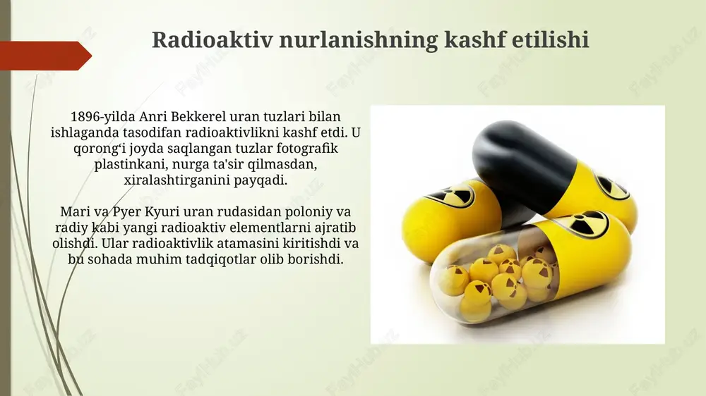 g'alishga sarflaydi. yadro sintezi (termoyadro reaksiyasi) yadro sintezi, ayniqsa termoyadro reaksiyalari, yengil atom yadrolarining birikib, og‘irroq yadroni hosil qilish jarayoni bo‘lib, katta miqdorda energiya ajralib chiqadi, masalan, quyoshda vodorod geliyga aylanadi. termoyadro reaksiyalari yuqori harorat (100 million °c dan ortiq) va bosimni talab qiladi, bu plazma holatini vujudga keltiradi, bu esa yadrolarning elektrostatik itarilishini yengib o'tish imkonini beradi. yadro bo'linishi (atom reaksiyasi) yadro bo'linishi - bu og'ir atom yadrosining ikkita kichikroq yadroga bo'linishi, bu jarayonda katta miqdordagi energiya va 2-3 neytron ajralib chiqadi. yadro reaktorlarida nazorat qilinadigan zanjirli reaksiya yadro bo'linishiga asoslangan bo'lib, har bir bo'linish keyingi bo'linishni qo'zg'atadi, bu esa issiqlik hosil qiladi. yadro reaksiyalarining energetikasi yadro reaksiyalarida energiya saqlanish qonuni muhim: reaksiyaga kirishuvchi va undan hosil boʻluvchi zarralarning tinchlikdagi massalari farqi energiya ajralishi (ekzotermik) yoki yutilishiga (endotermik) olib keladi. reaksiyaning energiyasi (q) e=mc^2 tenglama orqali hisoblanadi, bunda m – massalar defekti (reaksiyaga kirishuvchi va hosil boʻlgan zarralar massalari …