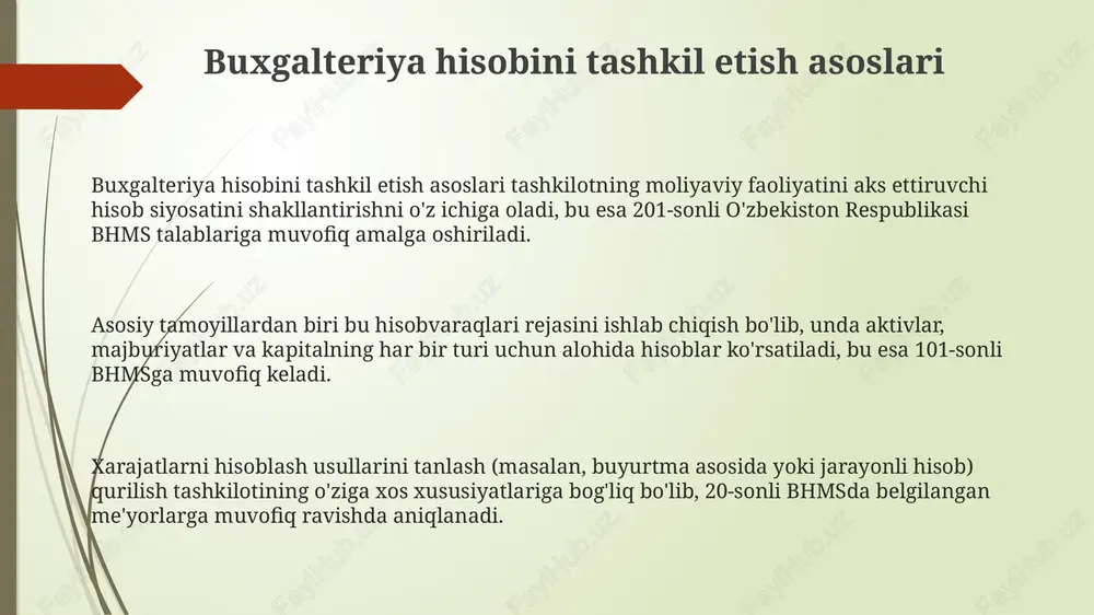 tlarning haqiqiy mavjudligini 100% aniqlash orqali buxgalteriya hisobi ma'lumotlarining ishonchliligini ta'minlaydi. inventarizatsiya natijalari asosida 1-sonli inventarizatsiya qaydnomasi va 2-sonli taqqoslash qaydnomasi kabi hujjatlar tuziladi, ularda aniqlangan tafovutlar hisobga olinadi. qurilishda inventarizatsiya materiallar, asosiy vositalar, tugallanmagan qurilish ob'ektlari kabi aktivlarga nisbatan kamida yiliga bir marta, moliyaviy hisobot tuzishdan oldin o'tkazilishi shart. ichki nazorat qurilish kompaniyasida ichki nazorat, ayniqsa, materiallar hisobi (inventarizatsiya), asosiy vositalar va ish haqi hisobida xatoliklarni kamaytirish hamda firibgarlikning oldini olish uchun muhimdir. ichki nazorat tizimi aktivlarni himoya qilish, moliyaviy hisobotning ishonchliligini ta'minlash va operatsiyalarning samaradorligini oshirish uchun standartlashtirilgan siyosat va protseduralarni o'z ichiga oladi. ichki nazorat jarayoni xarajatlar smetasi va loyiha hisobi kabi muhim sohalarda nazoratni kuchaytirish, moliyaviy xavflarni minimallashtirish va kompaniyaning moliyaviy barqarorligini ta'minlashga qaratilgan bo'lishi kerak. moliyaviy hisobot moliyaviy hisobot qurilish tashkilotlarida muhim ahamiyatga ega, balans, foyda va zarar hisoboti kabi asosiy shakllarni o'z ichiga oladi, bu esa tashkilotning moliyaviy holatini aks ettiradi. pul oqimi hisoboti …