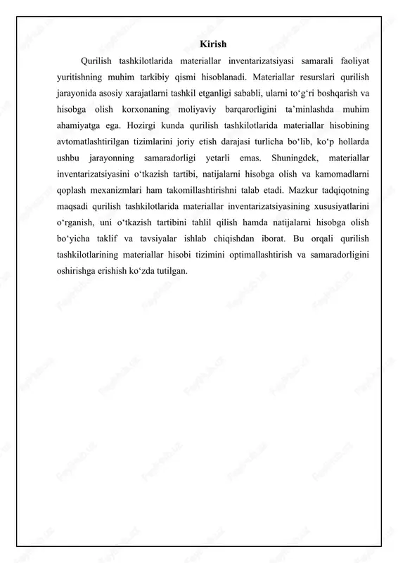 a ham inventarizatsiya o'tkazilishi mumkin. qonunchilikka ko'ra, yillik inventarizatsiya moliyaviy yil tugashidan oldin o'tkazilishi shart. agar tashkilotda katta hajmdagi materiallar zaxiralari mavjud bo'lsa, inventarizatsiya bir necha bosqichda o'tkazilishi mumkin. masalan, birinchi bosqichda eng qimmatbaho materiallar, ikkinchi bosqichda esa qolgan materiallar inventarizatsiya qilinadi. inventarizatsiya jarayonida materiallarni aniqlash va baholash usullari inventarizatsiya jarayonida materiallarning faktik mavjudligi ularning miqdori, o‘lchov birligi va navi bo‘yicha aniqlanadi. qurilish materiallarining xilma-xilligi tufayli turli o'lchov usullaridan foydalaniladi: donalab hisoblash, og'irlik bo'yicha o'lchash, hajm bo'yicha o'lchash va boshqalar. har bir material turi uchun unga mos keladigan o'lchov usuli qo'llaniladi. masalan, g'isht donalab, sement og'irlik bo'yicha, qum esa hajm bo'yicha o'lchanadi. o'lchash jarayonida texnik xavfsizlik qoidalariga rioya qilish zarur. inventarizatsiya komissiyasi aniqlangan ma'lumotlarni inventarizatsiya ro'yxatiga kiritadi, unda materialning nomi, o'lchov birligi, miqdori va narxi ko'rsatiladi. materiallarni baholash inventarizatsiya yakuniy bosqichlaridan biridir. materiallar ularning sotib olingan narxi yoki bozor narxi bo'yicha baholanishi mumkin. agar materiallar eskirgan bo'lsa yoki ularning sifati …