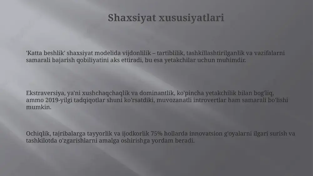 igi va axborotning to'liqligi, ular optimal tanlovni shakllantirishda muhim rol o'ynaydi. muammolarni hal qilish yaxshi muammoni hal qiluvchi, odatda, ijodiy yondashuvlar va 8d metodologiyasi kabi turli xil strategiyalardan foydalanadi, bu esa innovatsion echimlarni topishga yordam beradi. muammolarni hal qilish 5 bosqichdan iborat bo'lishi mumkin: aniqlash, tahlil qilish, yechim yaratish, amalga oshirish va baholash, har bir bosqich muvaffaqiyat uchun muhimdir. muammolarni hal qilish qobiliyati 7 ta asosiy kognitiv funktsiyani o'z ichiga oladi, bu esa muammoning turli jihatlarini tushunish va samarali echimlar yaratish uchun zarurdir. stressni boshqarish stressni boshqarish 7-8 soatlik uyquni ta'minlash, muntazam jismoniy mashqlar (haftada kamida 150 daqiqa o'rtacha intensivlikda) va to'g'ri ovqatlanish orqali jismoniy salomatlikni saqlashni o'z ichiga oladi. stressni boshqarishda kognitiv qayta tuzish texnikasi muhim rol o'ynaydi, bu esa salbiy fikrlash uslublarini aniqlash va ularni realroq va ijobiy fikrlash bilan almashtirishga yordam beradi. stressni boshqarish uchun samarali usullardan biri bu '4-7-8' nafas olish texnikasidir, bunda 4 soniya davomida …