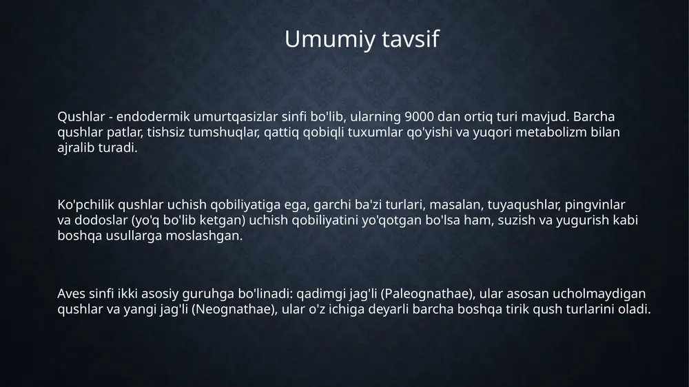 oylarining yo'qolishi va iqlim o'zgarishi bilan bog'liq. odamlar bilan munosabatlari va o'ziga xos xususiyatlari ko'pgina qushlar erta davrlardan beri oziq-ovqat manbai bo'lib kelgan, masalan, tovuqlar, o'rdaklar va kurkalar. dunyo bo'ylab millionlab odamlar parranda go'shti va tuxum iste'mol qiladilar. ayrim qushlar, masalan, lochinlar, burgutlar va boyo'g'lilar, ov qilishda yordam berish uchun o'rgatiladi, bu esa 4000 yil avval boshlangan an'anadir. ular uchun ovlash katta iqtisodiy ahamiyatga ega. qushlar, masalan, to'tiqushlar va kanareykalarning rang- barang patlari va qo'shiqlari tufayli uy hayvonlari sifatida saqlanadi, bu esa har yili 5 milliard dollardan ortiq daromad keltiradi. e'tiboringiz uchun rahmat slide 1 slide 2 slide 3 slide 4 slide 5 slide 6 slide 7 slide 8 slide 9 slide 10