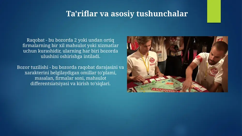 tal uchun kurashni o'z ichiga oladi, bu esa texnologik taraqqiyotni tezlashtiradi va narxlarni pasaytiradi. raqobat qonunchiligi, masalan, sherman akti (aqsh) yoki yevropa ittifoqi raqobat huquqi, monopoliyaga qarshi kurashadi va kartellar tuzishning oldini oladi, bozor samaradorligini oshiradi. e'tiboringiz uchun rahmat image6.jpg image7.jpg image8.jpg image9.jpg image10.jpg image11.jpg image12.jpg image13.jpg image14.jpg image2.png image3.png image4.png image5.png