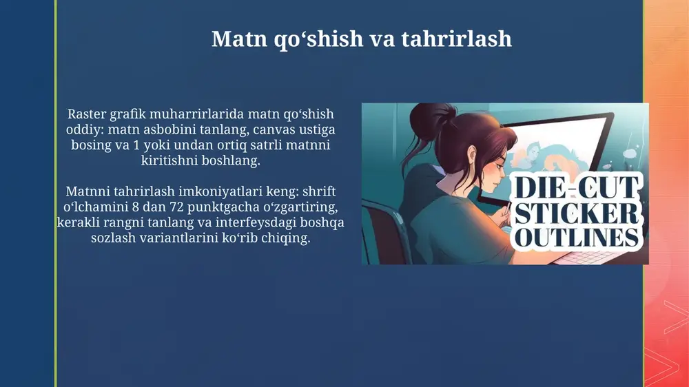 da matn uchun alohida qatlamlardan foydalaning; 72 dpi piksellar sonini qo'llang, bu esa natijalarni optimallashtiradi. ish jarayonlari matn bilan ishlashda samaradorlikni oshirish uchun avvalo, 1-bosqichda matnni kiritish, 2-bosqichda uslublarni qo'llash va 3-bosqichda vizual jihatlarni tekshirish kabi ketma-ketlikni yarating. kontur yaratish jarayonida dastlab, 5-10 daqiqani kontur shaklini rejalashtirishga, keyin esa qirralarni aniq sozlashga sarflang. bu yondashuv aniq va professional natijalarni ta'minlaydi. boshqa dasturlar bilan integratsiya rastr muharrirlari adobe illustrator kabi vektor dasturlari bilan yaxshi integratsiyalashadi, bu vektor shakllarini raster tasvirlar bilan birgalikda ishlatish imkonini beradi va bu juda foydali hisoblanadi. ko'pgina raster muharrirlari 3d modellashtirish dasturlari bilan integratsiyaga ega, bu 3d modellarini 2d tasvirlar ichida manipulyatsiya qilish imkonini beradi va bu juda muhim qadamdir. raster muharrirlarida matnning roli raster muharrirlari matnni piksel asosida yaratadi, bu esa 72 dpi kabi past oʻlchamlarda ham aniq koʻrinishni taʼminlaydi, lekin kattalashtirilganda sifat yoʻqolishi mumkin. matn qatlamlari mustaqil tahrirlash imkoniyatini beradi, masalan, shrift oʻzgartirish, rangni sozlash …