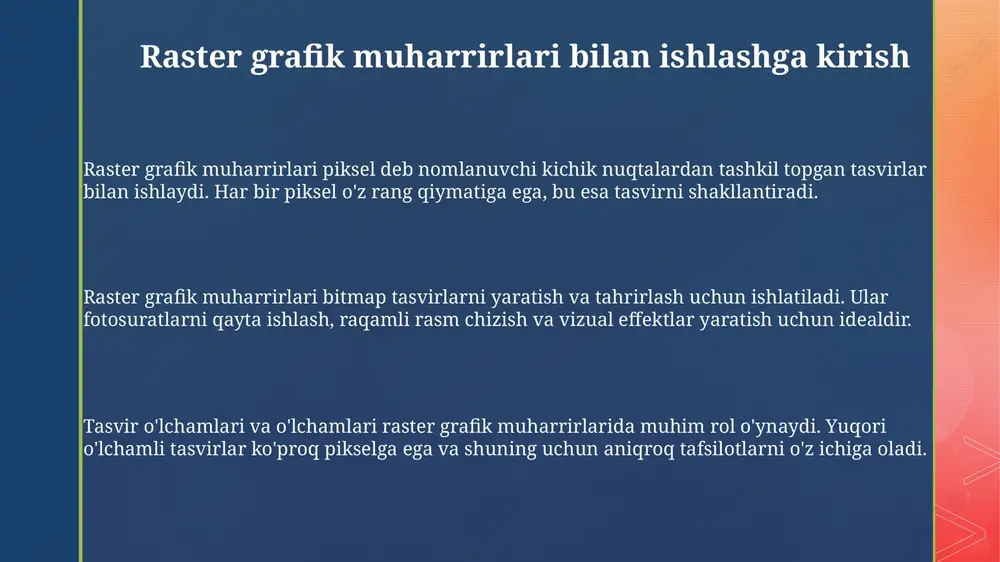 ik qiymati qatlamni butunlay yashiradi, 0% esa uni to'liq ko'rinadigan qiladi. bu tahrirlashda moslashuvchanlikni oshiradi. qatlamlar ketma-ketligini o'zgartirish orqali tasvir elementlarining ustma-ust joylashuvini nazorat qilish mumkin; masalan, 1-qatlam 2-qatlamning orqasida joylashadi. qatlamlar bilan ishlashda maskalardan foydalanish tasvirning bir qismini yashirish yoki ko'rsatish uchun ajoyib usuldir, bu esa 5 xil usulda tasvirni qayta ishlashga imkon beradi. filtrlash va effektlar blur filtrlari rasmning aniqligini pasaytiradi, masalan, gaussian blur filtri 5 piksel radiusda tasvirni xiralashtirishi mumkin, bu esa detallarni yumshatadi va noaniqlik effektini beradi. filtrlash yordamida rasmlarga 3d ko‘rinish berish mumkin, masalan, “bevel and emboss” filtri yordamida relyef yaratiladi, shu bilan birga soyaning intensivligi va burchagi kabi parametrlar moslashtiriladi. photoshop dasturidagi distort filtrlari piksel pozitsiyasini o‘zgartiradi; misol uchun, “wave” filtri tasvirga to‘lqinli deformatsiyani qo‘shishi, to‘lqin uzunligi va amplitudasini 10-20 piksellarda sozlash imkonini beradi. tasvirlarni qayta ishlash (yorqinlik, kontrast, ranglarni to'g'rilash) yorqinlikni to'g'rilash 0 dan 255 gacha bo'lgan piksel qiymatlarini o'zgartirishni o'z ichiga oladi, …