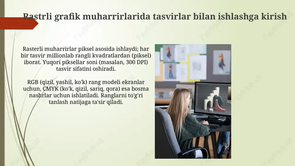 ksturalar qo'shish mumkin. ranglarni sozlash: yorqinlik, kontrast va rang balansini oʻzgartirish yorqinlikni sozlash 0 dan 255 gacha bo'lgan qiymatlar oralig'ida barcha piksellarning yorqinligini bir xilda oshiradi yoki kamaytiradi, bu esa umumiy yorqinlikni o'zgartiradi. kontrast piksellarning yorqin va qorong'i joylari o'rtasidagi farqni belgilaydi, yuqori kontrast tasvirni aniqroq qiladi, past kontrast esa uni xiralashtiradi. filtrlarni qoʻllash: turlari va effektlari raster muharrirlaridagi blur filtrlari 0 dan 100 gacha boʻlgan radius qiymatiga ega boʻlishi mumkin, bu esa tasvirning aniqligini sezilarli darajada kamaytiradi va tiniqlikni yoʻqotadi. sharpness filtrlari, masalan, unsharp mask, detallarni kuchaytiradi; 0,1 dan 10 pikselgacha boʻlgan radius va 10% dan 500% gacha boʻlgan miqdor yordamida konturlarni aniqlashtiradi. rasmlarni chizish va boʻyash: vositalar va texnikalar moʻyqalam vositasi erkin shakllarni chizish imkonini beradi, qattiqlik darajasini 0 dan 100% gacha sozlash orqali, turli xil qalinlikdagi va rangdagi chiziqlar yaratish mumkin. gradient vositasi ranglarni asta-sekin oʻzgartirish uchun ishlatiladi, masalan, chiziqli gradienlar 2 ta rang oʻrtasida toʻgʻri chiziq …