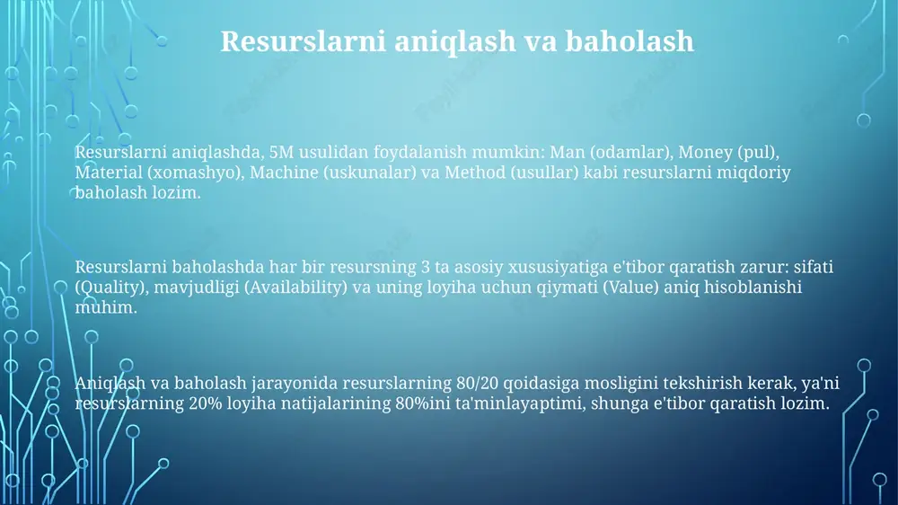 bilan aniq va o'z vaqtida aloqa kanallarini o'rnatish juda muhimdir. loyiha davomida kommunikatsiyalar samaradorligini baholash uchun har chorakda kamida 2 marta teskari aloqa so'rovlarini o'tkazing, natijalarni keyingi kommunikatsiya rejalari uchun foydalaning. kommunikatsiya rejasida 3 ta asosiy elementni ko'rsating: kim xabar yuboradi, xabar kimga mo'ljallangan va qanday usul (elektron pochta, yig'ilish, hisobot) orqali ma'lumot uzatiladi. resurslardan foydalanishni kuzatish va nazorat qilish resurslarni nazorat qilish kpi (asosiy ish ko'rsatkichlari) orqali amalga oshiriladi, masalan, resurslardan foydalanish darajasi, loyihaning 80% qismini maqsadli muddatlarda yakunlashga yordam beradi. resurslardan foydalanishni kuzatishda erp tizimlari kabi texnologiyalardan foydalanish 75% gacha aniqlikni oshirishi mumkin, bu esa real vaqtda resurs holatini kuzatish imkonini beradi. resurslar hisobotlari har hafta yoki har oyda tayyorlanishi mumkin va ular resurslardan foydalanishda 90% gacha samaradorlikni ta'minlash uchun aniq ma'lumotlarni taqdim etishi kerak. baholash va takomillashtirish baholash jarayoni loyihaning 20% yakunlangandan so'ng boshlanishi kerak, bunda kpi'larni (kalit ishlash ko'rsatkichlari) aniqlash va ularga erishish dinamikasini o'lchash muhim. …