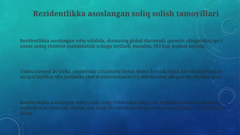 ukini ortiqcha oshirishi mumkin, bu esa kompaniyalarning raqobatbardoshligini pasaytiradi va xalqaro bozorda ulushni kamaytiradi. daromad manbaiga asoslangan soliq solishning afzalliklari daromad manbaiga asoslangan soliq solish, mamlakatga investitsiyalarni rag'batlantiradi, chunki xorijiy investorlar o'zlarining mahalliy daromadlaridan soliq to'lashadi, bu esa investitsiyalar uchun 15-20% foyda ko'rsatkichiga olib keladi. daromad manbaiga asoslangan soliq solish, davlat budjetiga barqaror daromad keltirib, 10 yillik davrda infratuzilmani rivojlantirish va ijtimoiy xizmatlarni moliyalashtirish uchun 25% mablag' ajratishga imkon beradi. bu usul, odatda, soliqdan bo'yin tovlash xavfini kamaytiradi, chunki soliq manbai aniq belgilangan va soliq organlari daromadning 90% qismini osonlikcha nazorat qila oladi. daromad manbaiga asoslangan soliq solishning kamchiliklari manba davlati soliqqa tortish huquqiga ega bo'lgani uchun, ikki tomonlama soliq solish xavfi ortadi, bu esa xalqaro operatsiyalarning 5-15% qimmatroq bo'lishiga olib kelishi mumkin. daromad manbaiga asoslangan soliq solish, kapital import qiluvchi davlatlarda investitsiya imkoniyatlarini 10-20% ga qisqartirishi mumkin, chunki xorijiy sarmoyadorlarga soliq yukini oshiradi. daromad manbaiga asoslangan soliq solish, soliqdan …