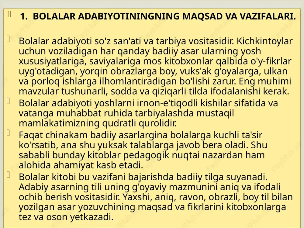 azmuni sodda bo'lishi talab etiladi. shuningdek, bunday kitoblarning rasmlari rang-barang, harflari esa yirik-yirik bo'lishi maqsadga muvofiq. maktabgacha ta'lim yoshidagi bolalar tinglaydigan asarlarning katta ko'pchiligini alla-qo'shiq, ertak topishmoq, maqol, tez aytish kabi xalq og'zaki ijodi asarlari tashkil etadi. bundan tashqari, yozuvchilar yaratgan va yuqoridagi talablarga to'la-to'kis javob beradigan asarlar ham maktabgacha ta'lim yoshidagi bolalar uchun qo'l keladi. ammo shu narsani ham ta'kidlab o'tish kerakki, bolalar uchun ijod qiladigan qalam sohibi hayotdagi muhim, xarakterii voqea va hodisalarni badiiy obrazlar orqali bolalar nutqiga mos tilda, ularning yoshi, ruhiyati va saviyasiga muvofiq ravishda tasvirlashi lozim.  bolalar shoiri anvar obidjon o'zining «suhbat» degan she' rida bolalar yaxshi ko'radigan g'ozlar to'g'risida so'z yuritadi. ma'lumki, bolalar jonivorlar, xususan, qushlarga ilk yoshlaridan boshlab qiziqadilar. shu jihatdaa qaraydigan bo'lsak, «suhbat» bola hayotida muhim rol o'ynaydi. voqea juda oddiy va sodda. o'zaro suhbatdan ma'lum bo'ladiki, g'ozlarning qorni och, ulami boqish kerak. buni shoir o'yin vositasida ifoda etadi: — g'ozlar, …