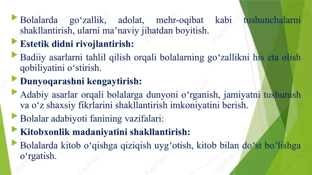shi insoniy fazilatlar ruhida tarbiyalashga xizmat qilib kelmoqda. bolalar adabiyotining shakllanishi deyarli barcha xalqlarda asosan maʼrifatparvarlik va maktab-maorif tizimi islohotlari bilan chambarchas bogʻliq. oʻzbek bolalar adabiyotining barqarorlashuvi ham 19-asr 2 yarmi – 20-asr boshlaridagi maʼrifatparvarlik harakatiga borib taqaladi. saidrasul aziziy, munavvarqori, abdulla avloniy, hamza hakimzoda niyoziy va boshqa oʻnlab maʼrifatparvarlarning „yangi usul“ („usuli jadidiya“)dagi oʻzbek maktablari talabalari uchun yaratgan ellikka yaqin alifbo va oʻqish kitoblari oʻzbek bolalar adabiyotining tom maʼnodagi yorqin namunalari hisoblanadi. bolalar adabiyotiga bolalar uchun maxsus yaratilgan asarlar sifatida qarash, uning oʻziga xos tamoyillarini belgilash 20-asr boshlariga xosdir. oʻzbek bolalar adabiyoti jahon bolalar adabiyotining ilgor anʼanalari taʼsirida rivojlandi. jahon bolalar adabiyotining nodir namunalari oʻzbek tiliga tarjima qilindi, „gulliverning sayohatlari“ (j. svift), „robinzon kruzo“ (d. defo), „tom togʻaning kulbasi“ (bicher stou), „soʻna“ (e.voynich) kabi jahon adabiyotining nodir asarlari oʻzbek bolalarining ham mulki boʻlib qoldi. sharq adabiyoti eng yaxshi namunalarini arab, fors tilidan tarjima qilish bolalar adabiyoti tarjimachiligidagi bir yoʻnalish …