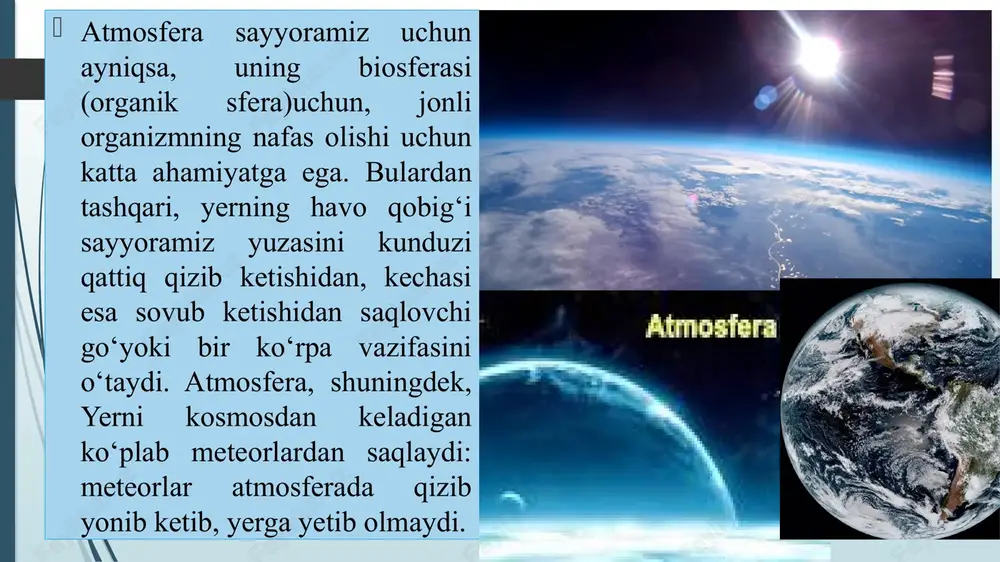 igan gazlar; muzlatgich va sovutgichlarning asosiy ishlashini ta’minlovchisi (freonlar) o’rmonlarga o’t ketishi; chiqindi va xazonlarning yoqilishi va hokazo… atmosferadagi suv va uning rejimi. bug`lanish. atmosferaning quyi qismida 12000 kub km suv bug’i bo’lib bu sayyoramizdagi suv miqdorining taxminan 0,001 % ini tashkil etadi. bulut havoning vertikal harakati natijasida hosil bo’ladi. bulutlar balandligiga, tashqi ko’rinishiga va boshqa xususiyatlariga ko’ra xalqaro kelishuvga muvofiq quyidagi 4 yarusga bo’linadi: 6000 m dan yuqorida bo’lgan baland bulutlar; 2000–6000 m balandlikda bo’lgan o’rta yarusli bulutlar; 2000 m dan pastda bo’lgan past bulutlar; 2000–3000 m balandda o’rnashgan vertikal tarqalgan bulutlar. ob – havo va havo massalari. biron joyda ma’lum vaqtda atmosferaning quyi qismida yuz beradigan hodisalar (tempratura, bosim, havoning absolyut va nisbiy namligi, yomg’ir, tuman, bulut, shamol, momaqaldiroq, chaqmoq va boshqalar) yig’indisiga ob – havo deyiladi. ob–havo o’zgarishi natijasida havo massalari almashinadi. yer sharini quyosh bir hilda isitmaydi va bir xil yoritmaydi, shunga ko’ra havoning holati hamma …