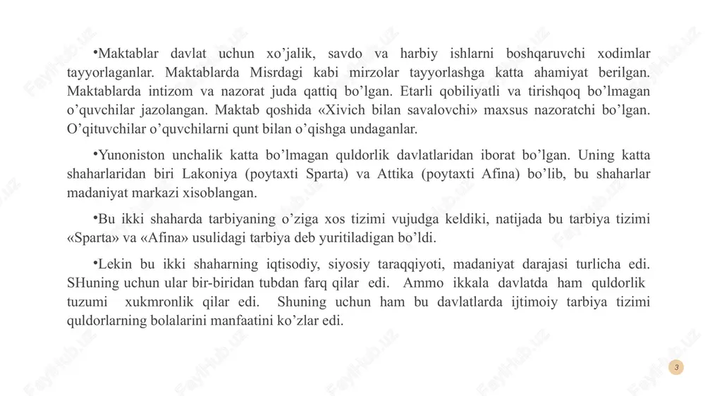 ’tkazib, shu yo’l bilan ularga axloqiy va siyosiy tarbiya berar edilar. masalan: vatan dushmanlari bilan kurashda ota-bobolar ko’rsatgan mardligi va jasurligi, qaxramonlar xaqida suxbatlar uyushtirishar, shuningdek bolalarni savol-javob jarayonida aniq, qisqa va lo’nda qilib javob berishga o’rgatib borilar edi. spartada 18-20 yoshga yetgandan keyin maxsus «efeblar» (efeblar qadimgi yunonistonda balog’atga yetgan o’spirinlar) guruhiga o’kazilgan. bu guruhda bolalarga harbiy ta’lim berilgan va ular harbiy xizmatni o’taganlar. 5 afinada tarbiya va maorif masalasi spartaga nisbatan tubdan farq qilar edi. bu erda grammatist, polestra, gimnasiy, efeb, demos kabi maktab turlari mavjud edi. bolalar 7 yoshgacha o’llada tarbiyalanganlar. 7 yoshdan o’g’il bolalar maktabga borishgan. qizlar esa oilada ona ko’magida uy — ro’zg’or ishlariga o’rgatilgan. xotin-qizlar faqat uyda bo’lishgan. afinada bolalar dastlab 7 yoshdan 13-14 yoshgacha «grammatist», (savod o’qitish ma’nosida), «kifarist» (grekcha musiqa o’qituvchisi ma’nosida) maktablarda tahsil olganlar. bu maktablar xususiy bo’lib, xaq to’lanar edi, shuning uchun fuqarolarning bolalari bu maktablarda ta’lim ololmas edilar. bu …