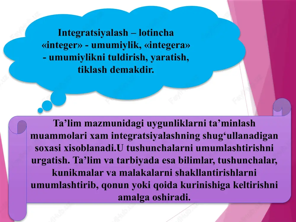 i zamonaviy bosqichida o’qituvchining ishlash tizimi tubdan o’zgarmoqda va pedagogik texnologiyalar, integratsiyalar amaliyotda keng qo’llanilmoqda. 8 o’quv fanlariaro aloqadorlik ta'minlangan sharoitda o’quvchilarning egallagan bilimlari samarali rivojlanishi bilan bir qatorda ularning idrok etish qobiliyati, faolliklari, qiziqishlari, aqliy intellektual imkoniyatlari ortishiga erishiladi. o’quv fanlariaro aloqadorlikni turli o’quv predmetlari bo’yicha o’quv dasturlari, darsliklar mutanosibligini ta'minlovchi didaktik imkoniyat sifatida tushunish lozim. shuni alohida ta’kidlash kerakki, mamlakatimizda mustaqillikning dastlabki yillaridanoq yosh avlodni har tomonlama barkamol insonlar qilib tarbiyalashga alohida e'tibor qaratib kelinmoqda. bu borada o’zbekiston respublikasi konstitutsiyasining yoshlarni qo’llab- quvvatlashga doir o’ndan ortiq moddasi, «yoshlarga oid davlat siyosatining asoslari to’g’risida», «ta'lim to’g’risida», «kadrlar tayyorlash milliy dasturi» qonunlarining mantiqiy davomi bo’lgan «maktab ta'limini rivojlantirish davlat umummilliy dasturi», «2008-2012 yillarda uzluksiz ta'lim tizimi mazmunini modernizatsiyalash va ta'lim - tarbiya samaradorligini yangi sifat darajasiga ko’tarish dasturi» hamda prezidentimizning ta'lim sohasiga tegishli qator farmonlari va hukumat qarorlari mavjud. ular keng miqyosda hayotga tatbiq etilib ta'limning mazmun-mohiyati tubdan o’zgarmoqda. bu …