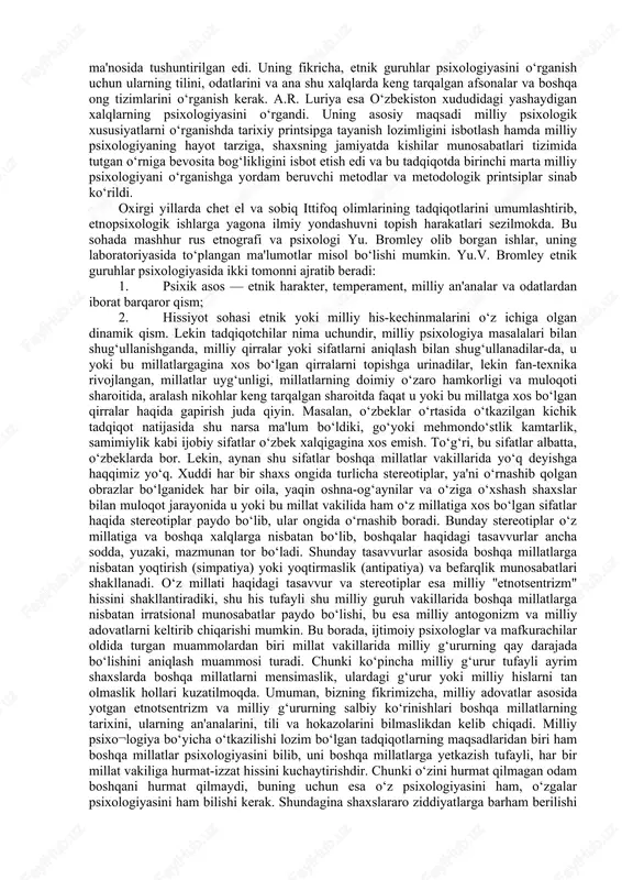 roitlarida yashayotgan turli millatga mansub kishilardir. ularning barchasini qamrab oladigan yagona ishonchli usulni topish masalasi juda jiddiy muammo bo‘lganligi uchun ham har bir katta guruhga taalluqli bo‘lgan asosiy, yetakchi sifatni topish va shu asosda uning psixo¬logiyasini o‘rganish hozircha ijtimoiy-psixologiyadagi asosiy metodologik yo‘llanma bo‘lib kelmoqda. qolaversa, katta guruhlar jamiyatning tarixiy taraqqiyoti mobaynida shakllangan guruhlar bo‘lgani uchun ham har qanday guruhni o‘rganishdan oldin, xoh bu sinflar bo‘lsin, xoh millatlar yoki xalqlar psixologiyasi bo‘lsin, uning hayot tarzi, unga xos bo‘lgan odatlar, udumlar, an'analar o‘rganiladi. ijtimoiy-psixologik ma'noda, hayot tarzini o‘rganish deganda, u yoki bu guruhga taalluqli bo‘lgan kishilar o‘rtasida amalga oshiriladigan muloqot tiplari, o‘zaro munosabatlarda ustun bo‘lgan psixologik omillar, qiziqishlar, qadriyatlar, ehtiyojlar va boshqalar nazarda tutiladi. ana shularning umumiyligi tufayli har bir shaxsda, ya'ni u yoki bu katta guruhga mansub bo‘lgan shaxsda tipik xislatlar shakllanadi. masalan, 90- yillar yoshlariga xos bo‘lgan tipik sifatlar ana shu yoshlar o‘rtasida keng tarqalgan urf-odatlar, moda, so‘zlashish xususiyatlari, qadriyatlar, …