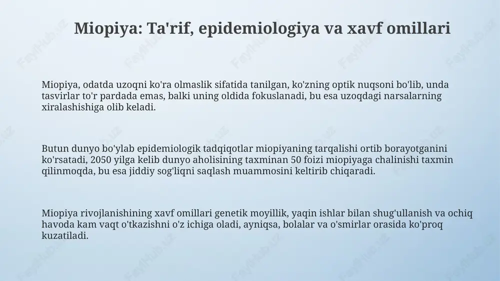 ula degeneratsiyasi yoki miopik makulopatiya kabi asoratlari bo'lgan murakkab miopiya bilan kasallangan bemorlarga reabilitatsiya kundalik vazifalarni bajarish uchun adaptiv strategiyalarni o'rgatadi. sog'liqni saqlash siyosati, ta'lim va kelajak yo'nalishlari sog'liqni saqlash siyosati milliy skrining dasturlarini o'z ichiga olishi kerak, bu esa 6 yoshdan boshlab maktab o'quvchilari uchun miyopiyani erta aniqlashga qaratilgan. ta'lim kampaniyalari ota-onalarni ekran vaqtini cheklashning muhimligi haqida xabardor qilishi kerak, kuniga 2 soatdan kamroq vaqt, va tashqarida kamida 1-2 soat o'tkazish kerak. kelajak yo'nalishlar gen terapiyasi va yangi farmakologik aralashuvlarni o'z ichiga oladi, ular miyopiya rivojlanishini sekinlashtirish uchun mo'ljallangan klinik sinovlardan o'tishi kerak. e'tiboringiz uchun rahmat image4.png image1.jpeg