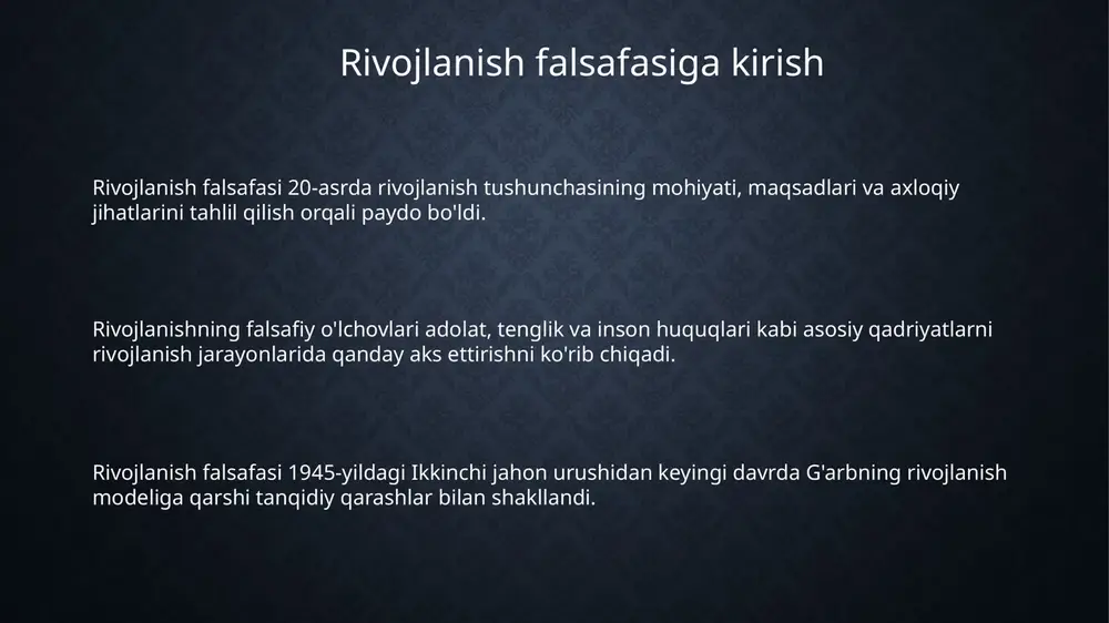 g foydasiga xizmat qilishini ta'kidlashadi, bu esa ijtimoiy tengsizlikning oshishiga va marginal guruhlarning ekspluatatsiyasiga olib keladi. post-rivojlanish nazariyotchilari "rivojlanish" tushunchasining o'zi neokolonialistik loyiha ekanligini, mahalliy bilimlarni qadrsizlantirish va heterojenlikni yo'qotishni ilgari suradi, deb hisoblashadi. e'tiboringiz uchun rahmat image2.png