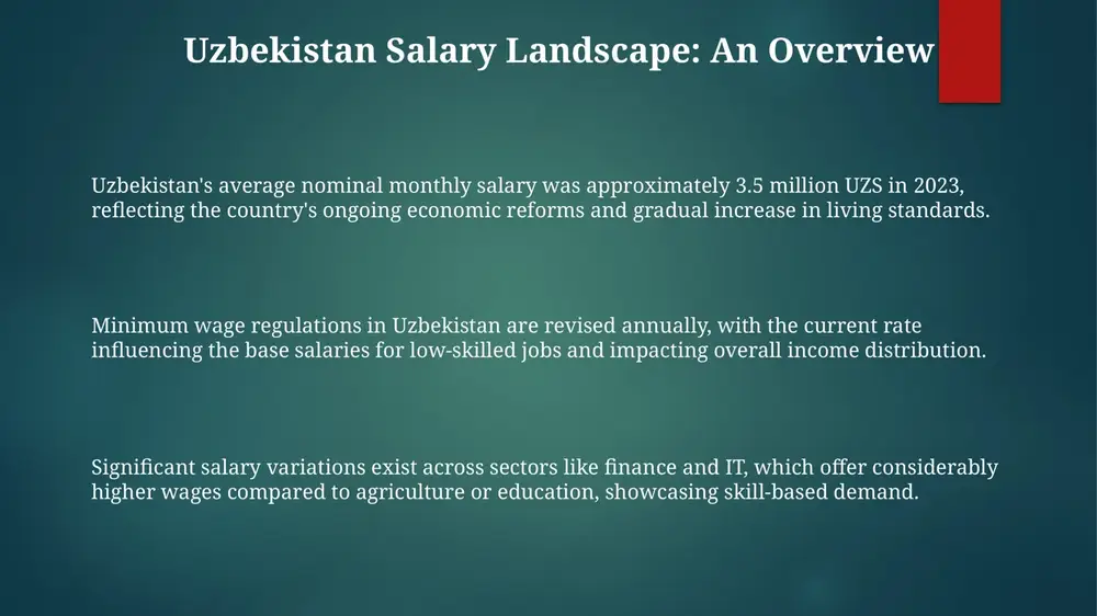 n stipends, often overlooked yet valuable in uzbekistan, improving your total compensation significantly. future salary growth in uzbekistan's it sector looks promising, with projected increases of 15-20% annually driven by digitization and international collaborations. research salary benchmarks from sites like trud.uz, understanding your worth with regional variations, allowing you to confidently negotiate a competitive starting salary. thank you for your attention image1.png image2.png image3.png image4.png image5.png
