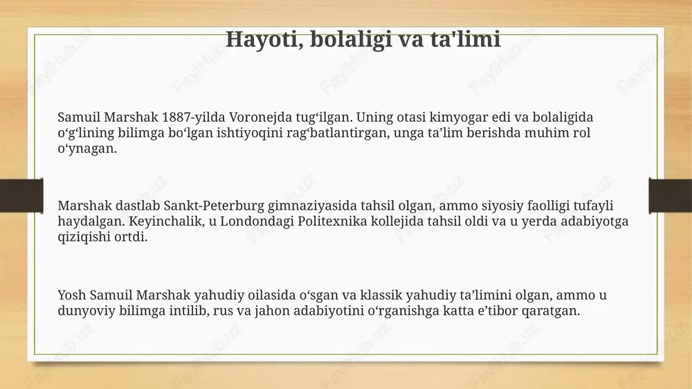 ar yozdi, uning 1943-yildagi "urushda qatnashgan aka-ukalar" she'ri vatanparvarlik ruhini ko'tardi. uning 1941-1945-yillardagi "o'n ikki oy" pyesasi urush davridagi qiyinchiliklarni aks ettirib, teatr tomoshalari orqali frontga moddiy yordam to'plashga yordam berdi. mukofotlar, e'tirof va meros uning merosi rus bolalar adabiyotiga sezilarli taʼsir koʻrsatdi, uning asarlari hozir ham nashr etilib, butun dunyo boʻylab millionlab nusxalarda sotilmoqda. marshak toʻrt marta stalin mukofotiga sazovor boʻlgan (1942, 1946, 1949, 1951), bu uning bolalar adabiyoti va tarjima sohasidagi ulkan hissasi eʼtirofi edi. marshak lenin ordeni va mehnat qizil bayroq ordeni kabi bir qator davlat mukofotlari bilan taqdirlangan, bu uning adabiyotdagi 50 yillik faoliyatini nishonlash edi. e'tiboringiz uchun rahmat image7.png image3.png image4.png