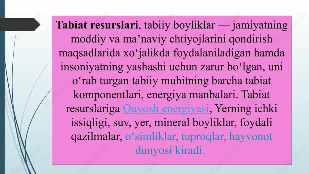 arda, ya’ni geologik davrlardagina, juda sekin - astalik bilan tiklanadi. shuning uchun ularni qazib olishda, tashish va ishlatishda isrofgarchilikga, atrof - muhitning ifloslanishiga yo‘l qo‘ymaslik kerak. dunyo okeani resurslari, atmosfera havosi, antarktida tabiiy resurslari, kosmik fazo, ko‘chib yuruvchi hayvonlar umumjahon resurslari hisoblandi. ulardan foydalanish, muhofaza qilish faqatgina xalqaro kelishuvlar asosida, turli mamlakatlar ishtirokidagina muvaffaqiyatli amalga oshirilishi mumkin. jamiyatning ma'lum rivojlanish davri davomida tabiiy resurslardan foydalanishda ularni real va potentsial resurslarga ajratiladi. jamiyatning ayni paytdagi rivojlanish bosqichida qidirib topilgan, zahiralari aniqlangan va jamiyat tomonidan faol ishlatilayotgan resurslarga aytildi. potentsial tabiiy resurslar deb - jamiyat tarraqqiyotining hozirgi boqichida qidirib topilgan, qisman va miqdoran aniqlangan resurslarga aytiladi. ulardan foydalanish uchun texnik vositalar yetarli bo‘lmagan, xom ashyolarni qayta ishlash texnologiyalari ham ishlab chiqilmagan yoki umuman yaratilmagan bo‘lishi mumkin. yer sayyorasining potensial yer resurslariga cho‘l, tog‘liklar, botqoqliklar, sho‘rlangan hududlar, doimiy muzliklar ham kiradi. potensial resurslariga bir qator kosmik resurslar - quyosh energiyasi, dengiz suvlarning ko‘tarilishi …