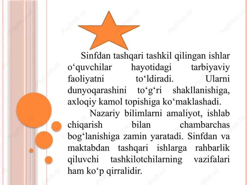 chilik faoliyatiga quyidagi bir qator ishlarni kiritish mumkin: tarbiyaviy ishlar sohasida erishgan yutuq va kamchiliklarni tahlil qilish; tarbiyaviy ishlarning maqsad va vazifalarini aniqlash; tarbiyaviy, ommaviy, siyosiy ishlarni rejalashtirish va ularning mazmunini, shakl va usullarini aniqlash; sinfdan, maktabdan tashqari ishlarni rejalashtirish, guruhlashtirish va ularning mazmunini, shakl va usullarini aniqlash, boshqaruvchi shaxslarni aniqlash. maktabning o`quvchilar bilan olib boradigan o`quv mashg`ulotlaridan tashqari xilma-xil ta’lim-tarbiya ishlari sinfan tashqari ishlar nomini olgan. sinfdan tashqari ishlar maktab ta’lim-tarbiya jarayonining tarkibiy qismi o`quvchilarning bo`sh vaqtlarini yo`lga qo`yish shakllaridan biridir. sinfdan tashqari ishlar shaxsni har tomonlama kamol toptirish va uni hayotga faoliyatga tayyorlash uchun keng imkoniyatga ega. bu ishlar bolalarning qiziqishlariga muvofiq tarzda ko`ngillilik asosida tashkil qilinadi. o`quvchilar sinfdan va maktabdan tashqari ishlarda o`zlarini qiziqtiradigan mashg`ulotlarni tanlab olishadi ularda mustaqil tashabbuskorona ishtirok etishadi. maktab va sinfdan tashqari muassasalarning tashkiliy ishlarini, mazmuni va maqsadini belgilash bugungi kunimizning barcha qirralarini hisobga olishni talab etmoqda. sinfdan tashqari mazkur tarbiyaviy ishlar shaxs …
