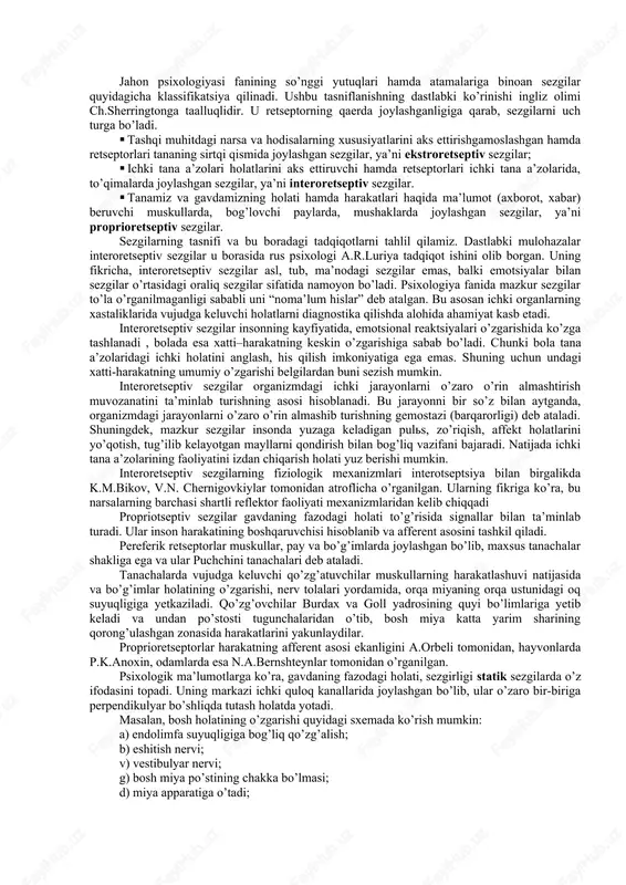 ga aylantiruvchi nerv mexanizmlari tizimi. analizator apparati 3 qismdan tashkil topgan bo’lib, ular quyidagilardan iborat: 1. periferik (retseptor) – tashqi quvvatni nerv jarayoniga o’tkazadigan maxsus transformator qismi; 1. analizatorning periferik bo’limining markaziy analizator bilan bog’laydigan yo’llarni ochadigan afferent (markazga intiluvchi) va efferent (markazdan qochuvchi) nervlar; 1. analizatorning periferik bo’limlaridan keladigan nerv signallarining qayta ishlanishi sodir bo’ladigan qobiq osti va qobiq bo’limlari. analizatorning qobiq bo’limida retseptor hujayralarining asosiy qismi jamlangan o’zak, ya’ni markaziy qism va qobiqning turli joylarida ma’lum miqdorda mavjud tarqoq hujayra qismlaridan tarkib topgan tashqi qism bo’ladi. analizatorning o’zak qismida retseptordan markazga intiluvchi nervlar joylashgan bo’lib, ko’plab hujayralardan iborat. mazkur analizatorning periferik, ya’ni tarqalib ketgan qismlari boshqa analizatorlarning o’zaklari bilan yondosh sohalariga kiradi va alohida narsalarni izlash jarayonida butun bosh miya qobig’ining katta qismi ishtirok etishiga erishiladi. analizatorning o’zagi analiz va sintez qilish funktsiyasini bajaradi, masalan, tovushlarning balandligi. tarqoq qismlar dag’al analiz funktsiyalarni, masalan musiqiy ohang va tovushlarni farqlash …