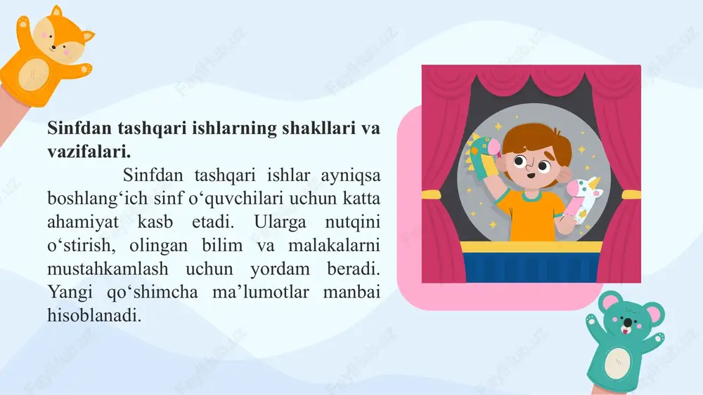 ariga, asosan, hikoya, she’r, ertak, masal, maqol, doston, rivoyat va topishmoq kabi janrdagi asarlar kiritilgan. bulardan tashqari, ilmiy-ommabop asarlar ham o’qitiladi. turli janrdagi badiiy asarlar qurilishi, uslubi jihatidan o’ziga xos xususiyatlarga ega bo’lib, ularning o’quvchilarga ta’siri ham har xil bo’ladi. tabiiyki, har bir janrga oid asar matni lingvistik jihatdan ham o’ziga xos xususiyatlarga ega. masalan, she’riy asarlar matni hikoya matnidan, ertak matni she’r matnidan, ilmiy-ommabop maqola matni masal janriga taaluqli asarlar matnidan tubdan farq qiladi. topishmoqlar predmet, voqea-hodisalar o’rtasidagi o’xshashlikni taqqoslash orqali o’zlashtirilsa, maqollar mazmuni hayotiy misollar vositasida sharhlashni taqozo etadi. shunga ko’ra, turli janrdagi badiiy asarlarni o’qishda o’qituvchidan unga mos usullar tanlash talab etiladi. tanlab hikoyalashda o’quvchi: 1) o’qigan matndan bir qismini, uning chegarasini ongli ravishda ajratib so’zlab beradi; 2) hikoyadan faqat bir voqeani aytib beradi; 3) hikoya mazmunini faqat bir syujet yo’nalishida so’zlab beradi. bolalar tanlab qayta hikoyalash malakasini hosil qilishga boshlang’ich sinf izohli o’qish darsida keng qo’llanadigan …