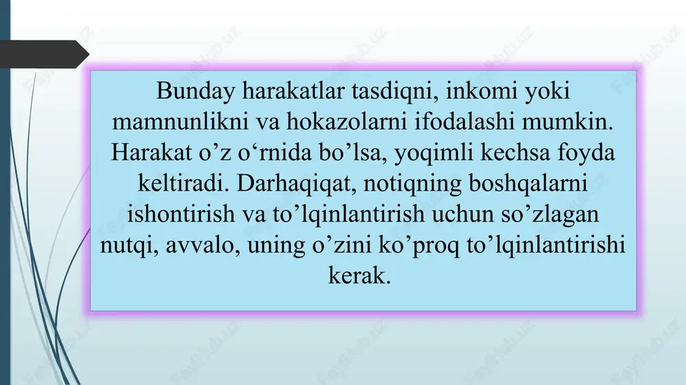 am, aktyorlik mahorati bo’lishi zarur. zero, asarda ishtirok etuvchilarning xarakter xususiyatlari, ichki kechinmalarini og’zaki ijroda aks ettirish uchun asarning umumiy ruhini his qilish bilan bir qatorda, qahramonlar holatiga kirish ham talab etiladi. qahramonlar holatiga kirishda esa, ikki narsa juda muhimdir: bulardan birinchisi - ovoz. ifodali o’qishda ovoz shunday bo’lishi kerakki, g’azabli joylarda tarang, keskin, shiddatkor, sokin o’rinlarda muloyim, his-hayajonli lavhalarda esa, ehtirosli, titroq holda o’zgarib tursin. asar mazmunidan kelib chiqqan holda, ovozning past, baland yoki o’rtacha ohangda tovlanib turishi asar mohiyatini tushunish, ta’sirchanligini oshirish barobarida, eshituvchiga cheksiz zavq-shavq ham bag’ishlaydi. ikkinchidan, ifodali o’qishda og’zaki ijrochining yuz ifodasi va harakatlari ham muhim ahamiyat kasb etadi. ifodali o’qish davomida harakatlardan shunday foydalanish, bu harakatlar aytilayotgan fikrlarni yanada to’ldirishga, bo’layotgan voqealarni ko’z oldimizda yorqin jonlantirishga yordam bersin. notiq qaddini to’g’ri va raso tutishi, yursa - ozgina va ba’zan yurishi, oldinga chiqsa - me’yorida va ba’zida chiqishi, bo’ynini bo’shashtirmasligi, barmoqlarini o’ynatmasligi, lozim bo’lgan o’rinlarda, …