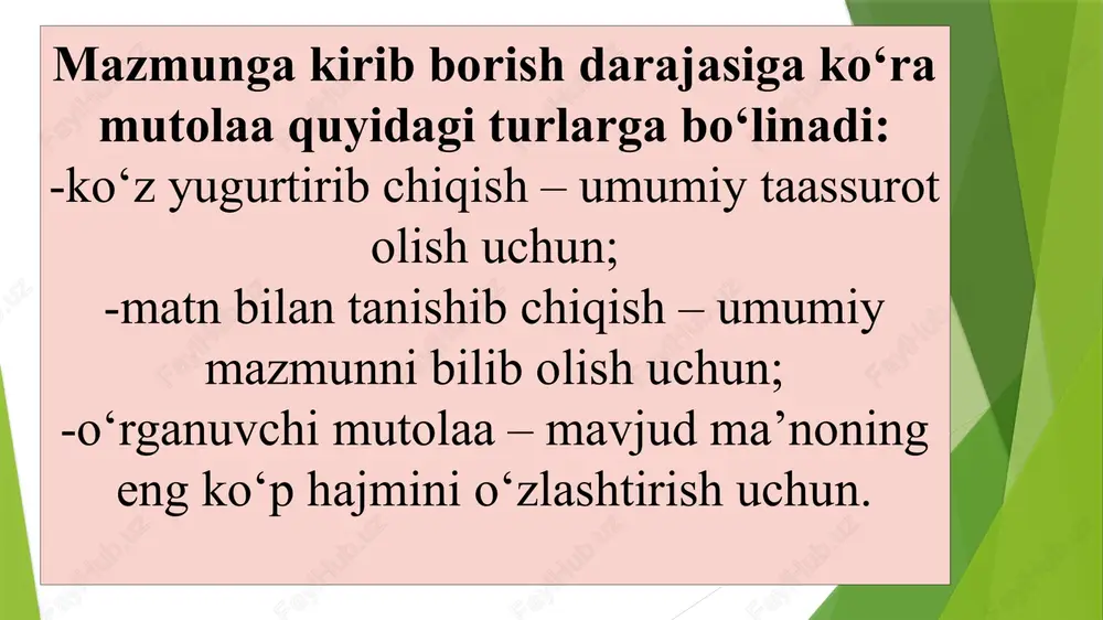 ya, radio va shu kabilar), zamonaviy axborot texnologiyalari (internet, elektron gazeta, jurnal, qo‘llanma va hokazolar), shuningdek, subyekt bilan bevosita muloqotga kirishuvchi shaxslar (oila a'zolari,...) orqali ega bo‘linadigan turli yo‘nalish va shakldagi umumiy ma'lumotdan farqlash lozim bo‘ladi» kitobxonlik haqida gap ketganda, olmon mutafakkiri gyotening quyidagi fikrini keltirish joizdir: «kitobxonlikka o‘rganish uchun qanchalik ko‘p vaqt sarf qilinishini odamlar tasavvur qilmaydilar, buning uchun men hayotimning 80 yilini bag'ishladim, lekin hali ham o‘rgandim, deb ayta olmayman». prof. v.asmus o‘zining «kitobxonlik - mehnat va ijod» nomli maqolasida esa kitobxonlikka shunday ta'rif beradi: «mutolaa vaqtida asar bir ko‘zadan ikkinchi ko‘zaga kuyilgan suv kabi kitobxon miyasiga quyilib qolmay, balki ijodkor kitobxon tomonidan qayta idrok etiladi». «taraqqiy etgan xorijiy mamlakatlarda,- deb yozadi x.to‘xtaboyev,- kitobxonlik fan darajasiga ko‘tarilgan. “kitobxonlik kitobni targ'ib qilishgina emas, balki kitob o‘qishni, o‘qiladigan kitobni tanlay olishni, mag‘zini chaqishni, ya'ni kitob yordamida o‘zini anglashni o‘rgatish hamdir”. ifodali o‘qishning asosiy vositalari. tinglovchiga asarning g'oyaviy mazmunini, muallifning hayot …