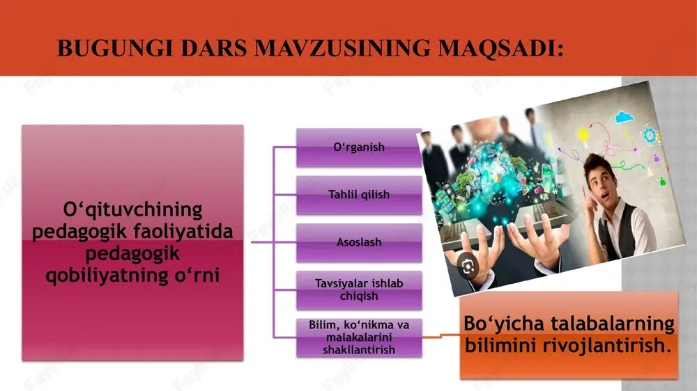 n yangi gʻoyalarni yaratish qobiliyati. evristik ijodkorlik (yun. peshtzko — izlayman, topaman) kreativ ijodkorlik kreativ so’zini ilk bor 1922–yildaaqsh olimi d.simpson tomonidan qo’llanilgan. kreativlik (lot.creatio – yaratish, vujudga keltirish) – bu insonning noodatiy g’oya, fikr bera olish, muammolarni takrorlanmas original yechimini topish, tafakkur qilishning an’anaviy usullaridan voz kecha olishga bo’lgan qobiliyatidir. 2. o‘qituvchi pedagogik qobiliyatini rivojlantirish funksiyalari. pedagogik qobiliyatlar funksiyasiga ko‘ra 2 xil bo‘ladi umumiy qobiliyatlar. maxsus qobiliyatlar 2. o‘qituvchi pedagogik qobiliyatini rivojlantirish funksiyalari. umumiy qobiliyatlar: aqliy faollik, tanqidiylik, tizimiylik, tahlil qilish, reaktsiya tezligi, sintezlash, diqqatni jamlash, e’tiborlilik. 2. o‘qituvchi pedagogik qobiliyatini rivojlantirish funksiyalari. maxsus qobiliyatlar: tashkilotchilik, injener-texnik, loyihalashtirish, matematik, ijodiy, badiiy, musiqaviy. 2. o‘qituvchi pedagogik qobiliyatini rivojlantirish funksiyalari. - umumiy qobiliyatlar mavjud bo‘lganda o‘qituvchi o‘z pedagogik kasbiy faoliyatini mukammal egallab, mohirona olib borish bilan birga, boshqa turli xil faoliyatlar bilan ham muvaffaqiyatli shug‘ullanadi. - umumiy qobiliyatga ega bo‘lgan o'qituvchilar ta’lim-tarbiya jarayonida har qanday qiyinchilik va ziddiyatlami qiynalmasdan bartaraf etadilar …
