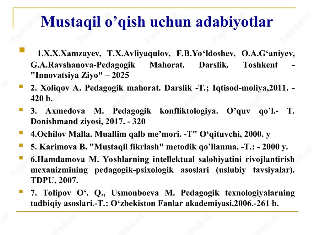 jratib koʻrsatish mumkin: 1) muloqot qila olish, bu oʻz ishiga, kishilarga boʻlgan munosabat, xayrixohliq, yaxshilikni ravo koʻrish. 2) idrok eta olish qobiliyati - kasbiy hushyorlik, sezgirlik, pedagogik zehn. 3) shaxs joʻshqinligi - irodaviy ta’sir koʻrsata olish va mantiqan ishontira olish qobiliyati. 4) hissiy turgʻunlik - oʻzini qoʻlga olish qobiliyati. 5) optimistik faraz, baholash qobiliyati. 6) ijodiy qobiliyat. 1.2-§. pedagogik mahorat qirralarini namoyon eta olishi. pedagogik texnika bu pedagogik mahoratning toʻrtinchi tarkibiy qismi - oʻqituvchi xatti-harakatini tashkil etish shakli. faqat bilish, yoʻnalish va qobiliyatlargina koʻnikmalarsiz yaxshi natijalar garovi emas. pedagogik texnika oʻz ichiga ikki guruhdagi koʻnikmalarni oladi: oʻz-oʻzini boshkara olish koʻnikmalari va pedagogik vazifalarni hal etish jarayonida oʻzaro ta’sir etish koʻnikmalari. birinchi guruh. koʻnikmalari - bu oʻz tanasi, hissiy holati, nutq texnikasini boshqarishiga qaratilgan. ikkinchisi – didaktik, tashkilotchilik koʻnikmalari, aloqali oʻzaro ta’sir texnikasiga ega boʻlish. har qanday faoliyat kabi pedagogik faoliyat ham oʻz ichiga oʻziga xos xususiyatlar bilan farq qiluvchi quyidagi …